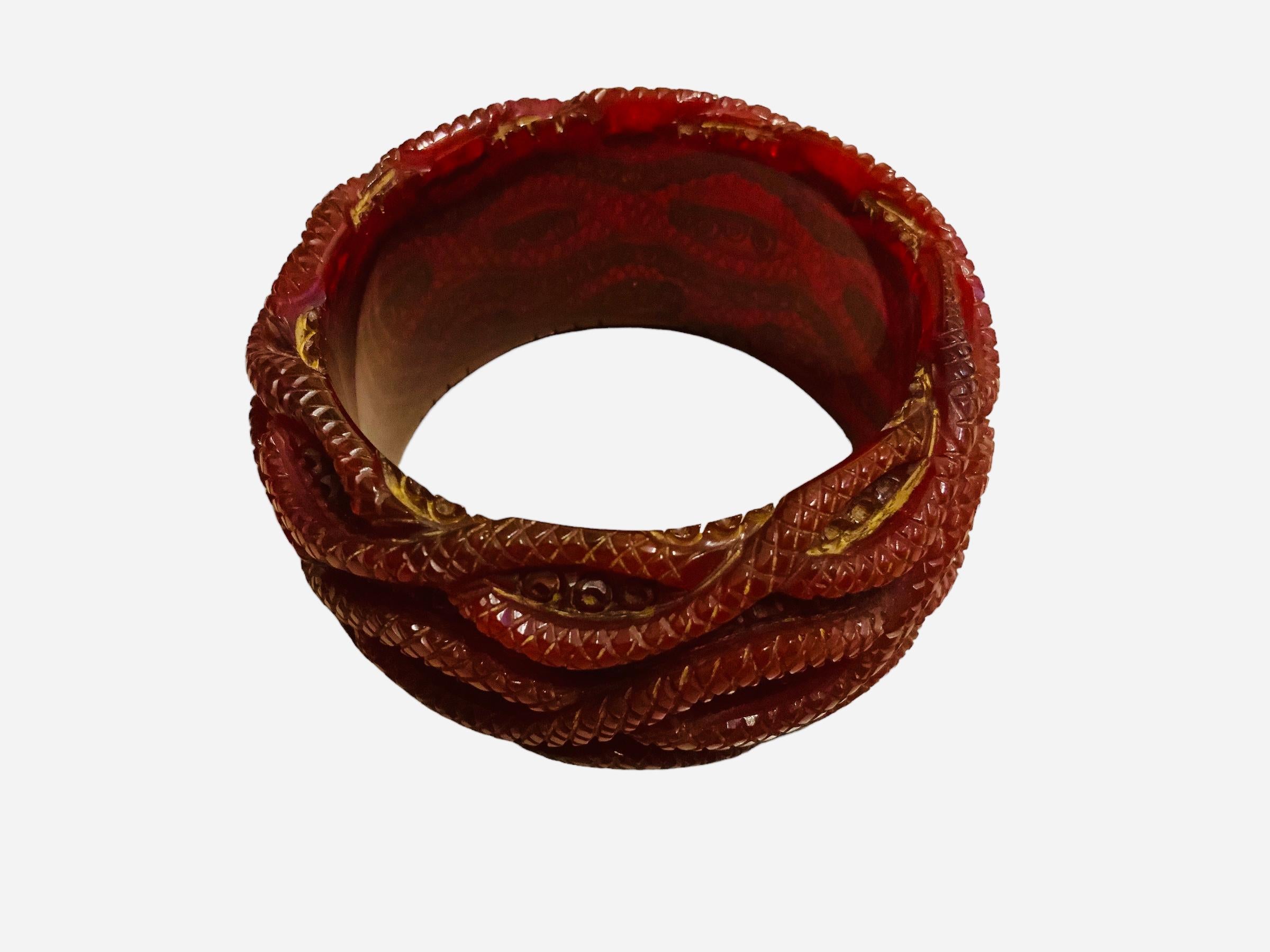 Women's Red Color Carved Bakelite Bangle For Sale