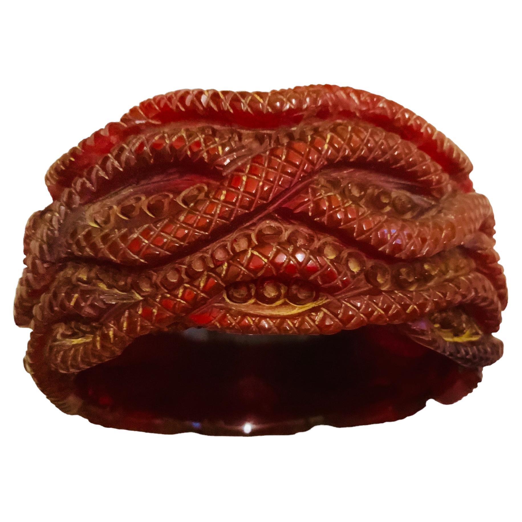 Red Color Carved Bakelite Bangle For Sale