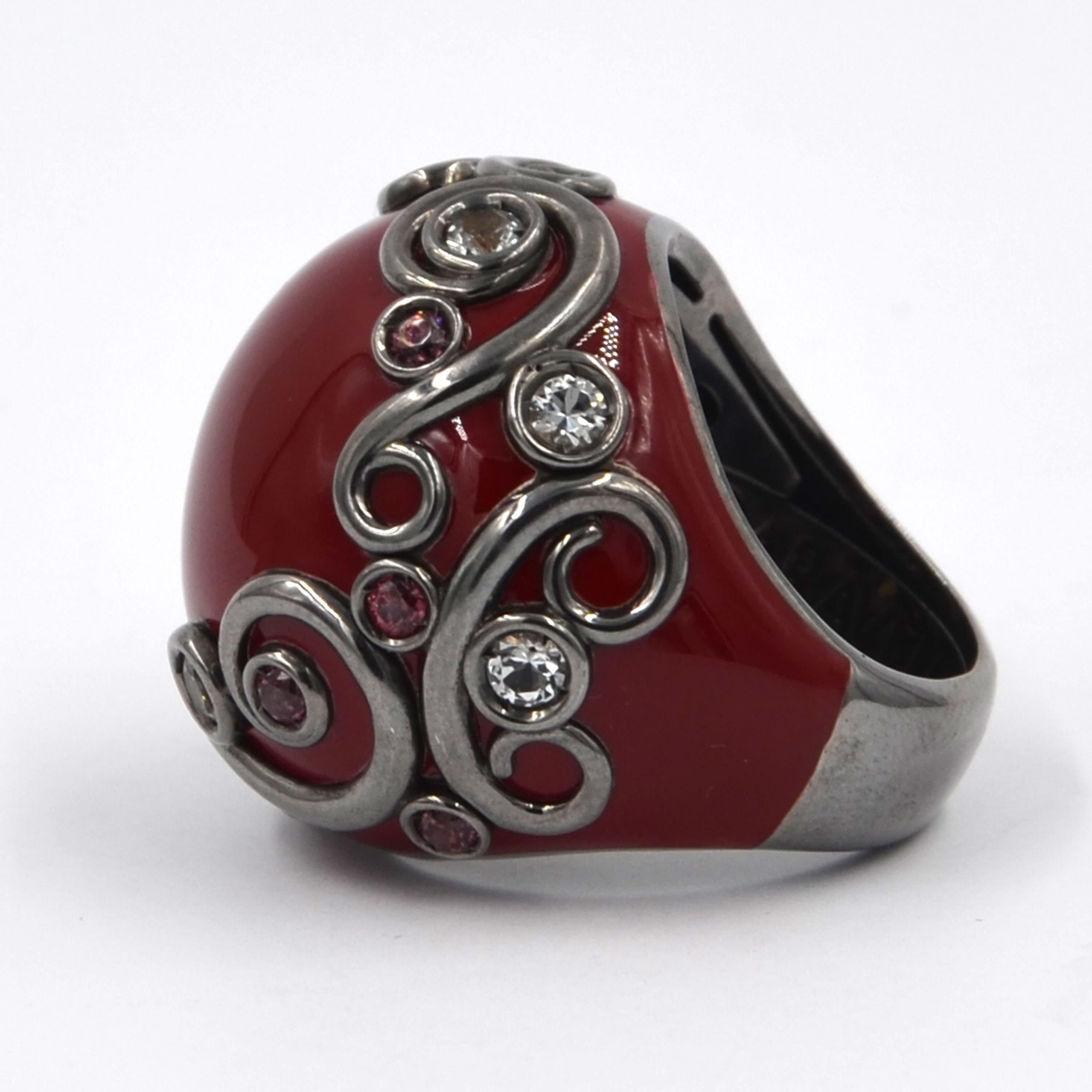 Red Color Enamel Round Silver Ring with Rodolite and White Topaz For Sale 3