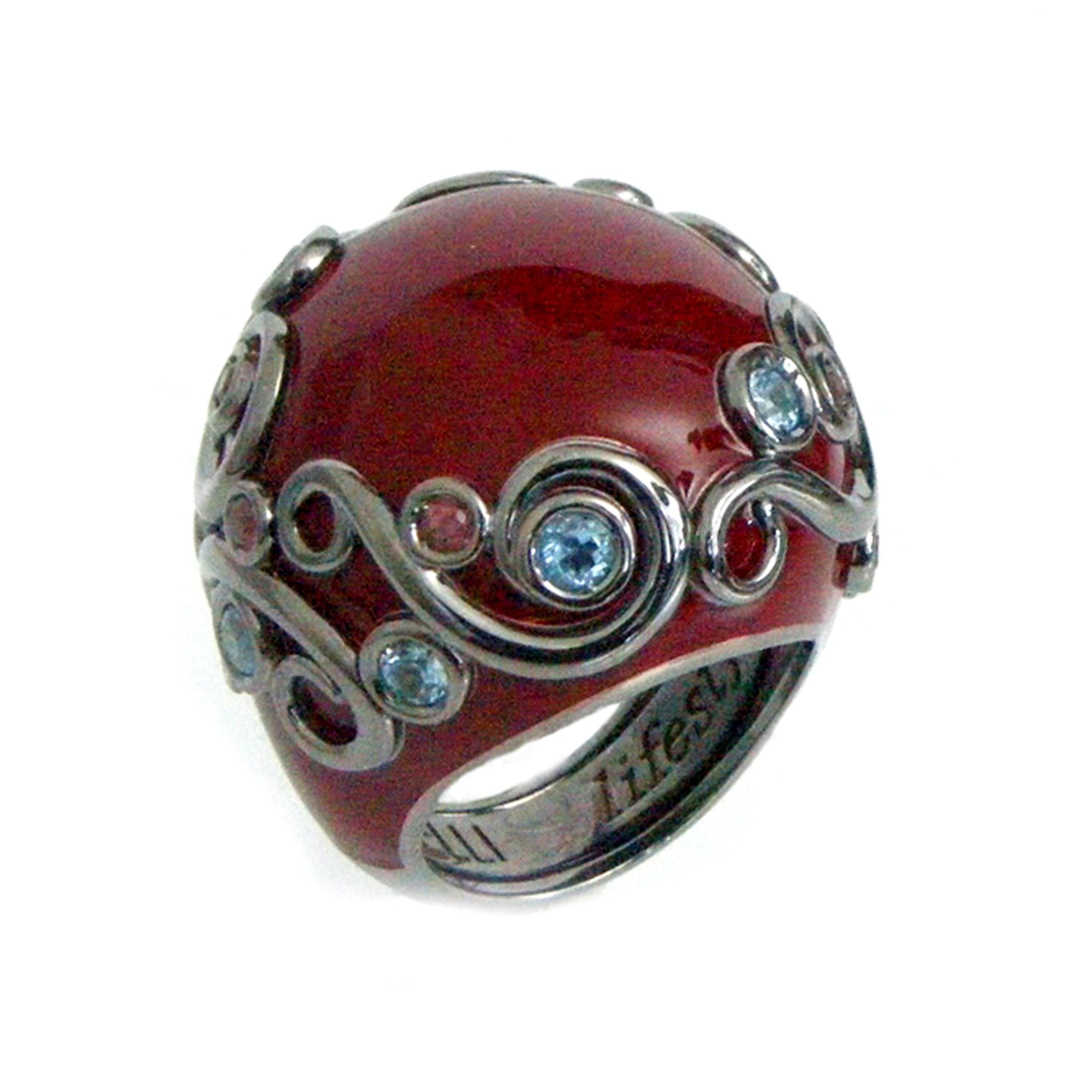 Red Color Enamel Round Silver Ring with Rodolite and White Topaz For Sale 5