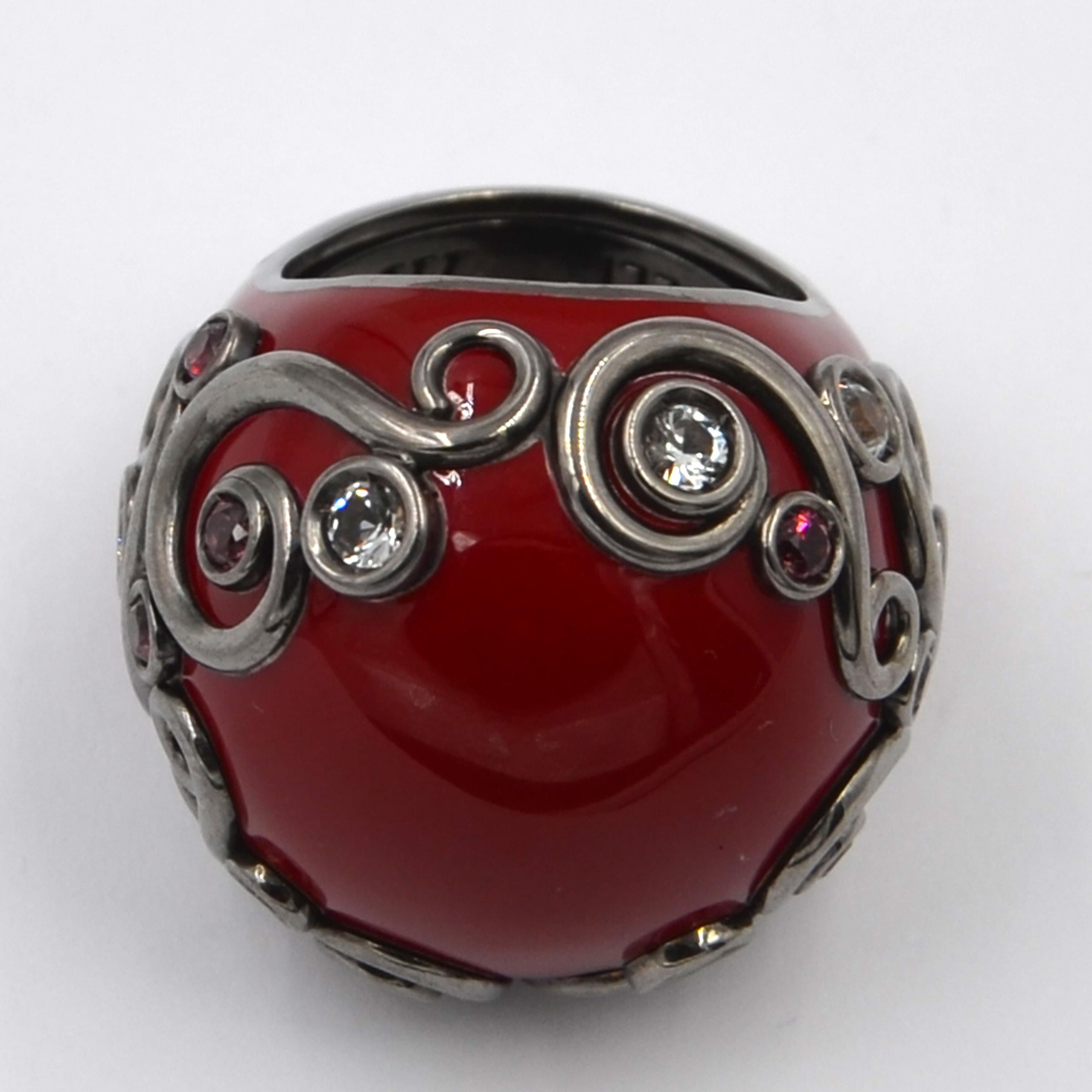 Modern Red Color Enamel Round Silver Ring with Rodolite and White Topaz For Sale