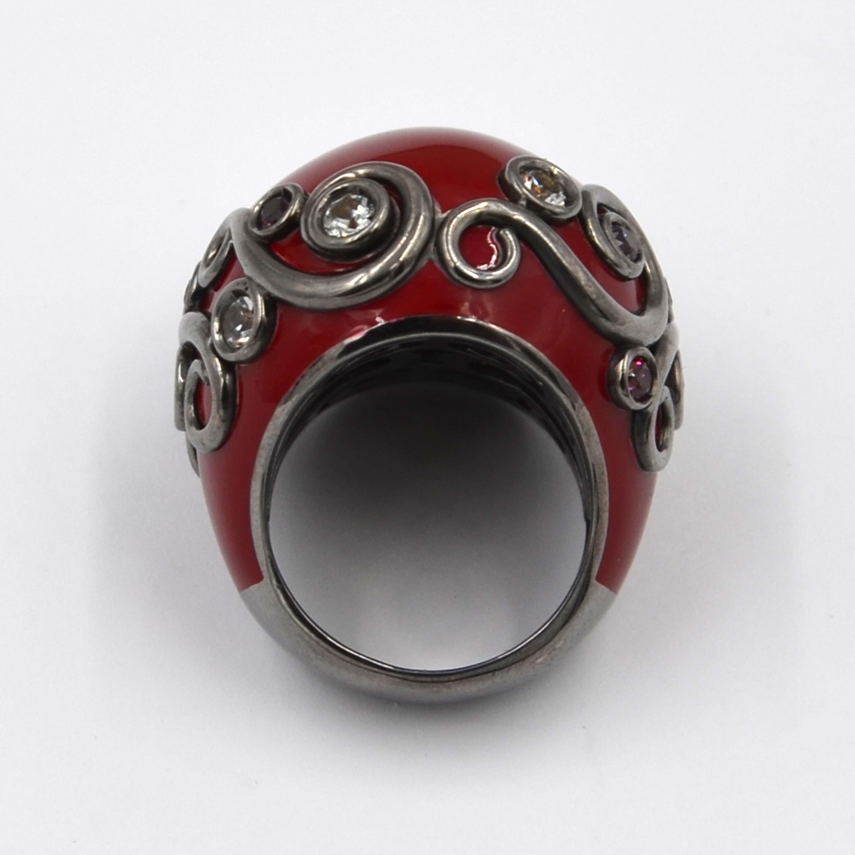 Round Cut Red Color Enamel Round Silver Ring with Rodolite and White Topaz For Sale