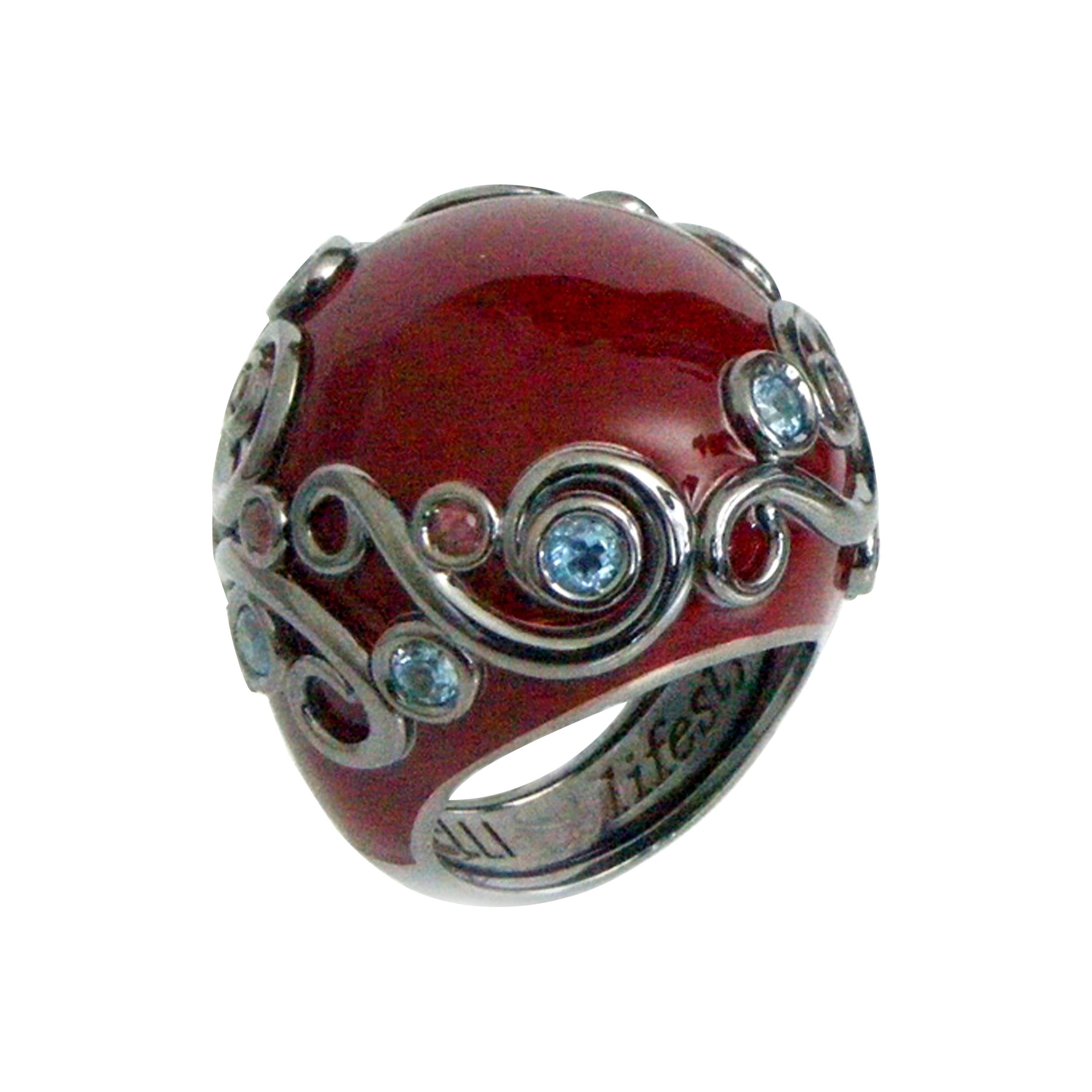 Runder Silberring aus roter Emaille mit Rodolith und weißem Topas