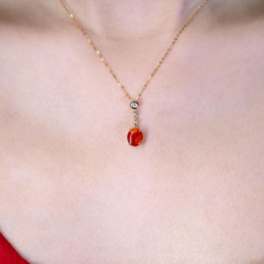 Arts and Crafts Red Color Mexican Egg Fire Opal Diamond Necklace 18K Yellow Gold For Sale