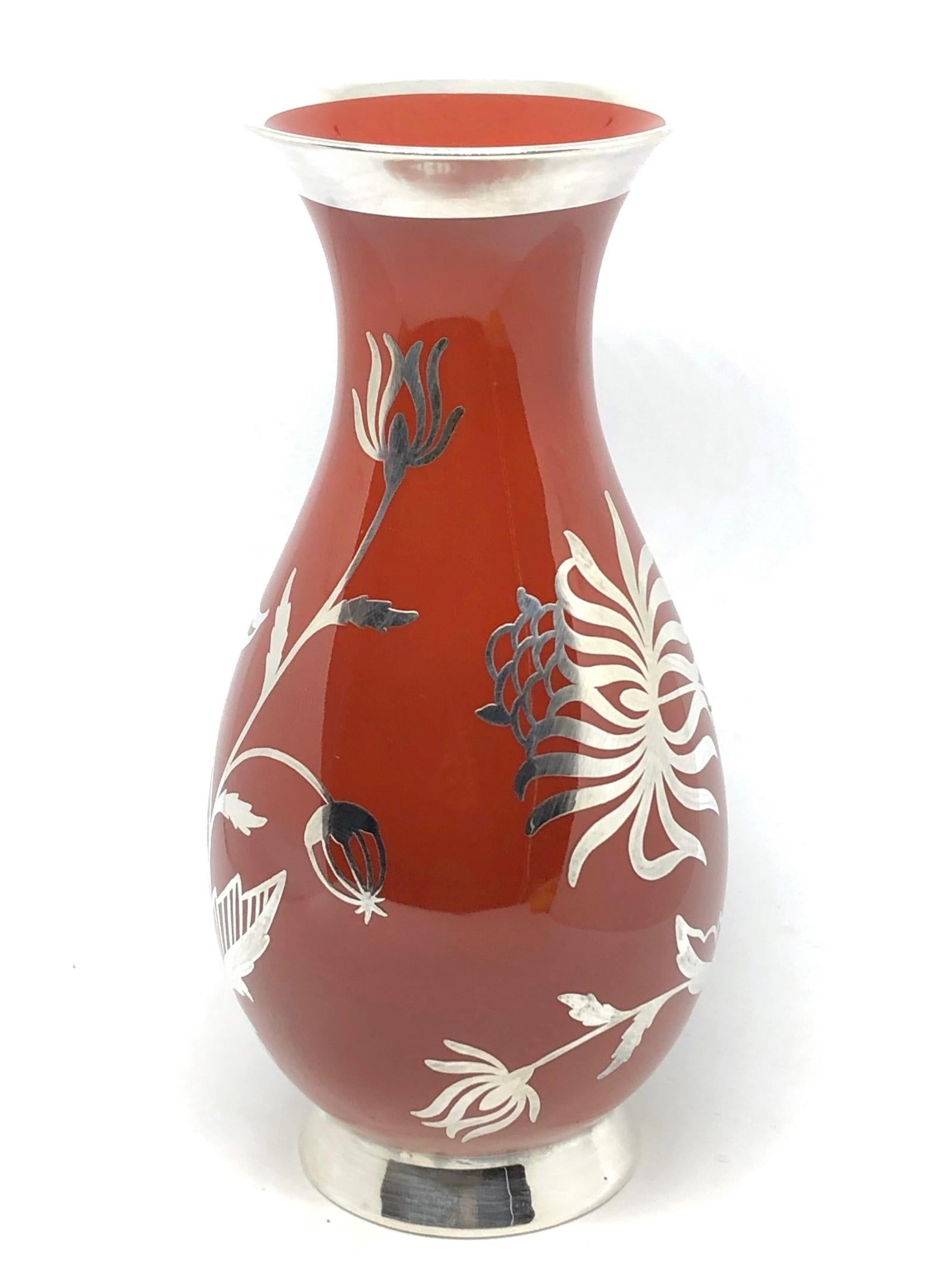 Art déco Vase à superposition d'argent de couleur rouge par Furstenberg, Allemagne, années 1930