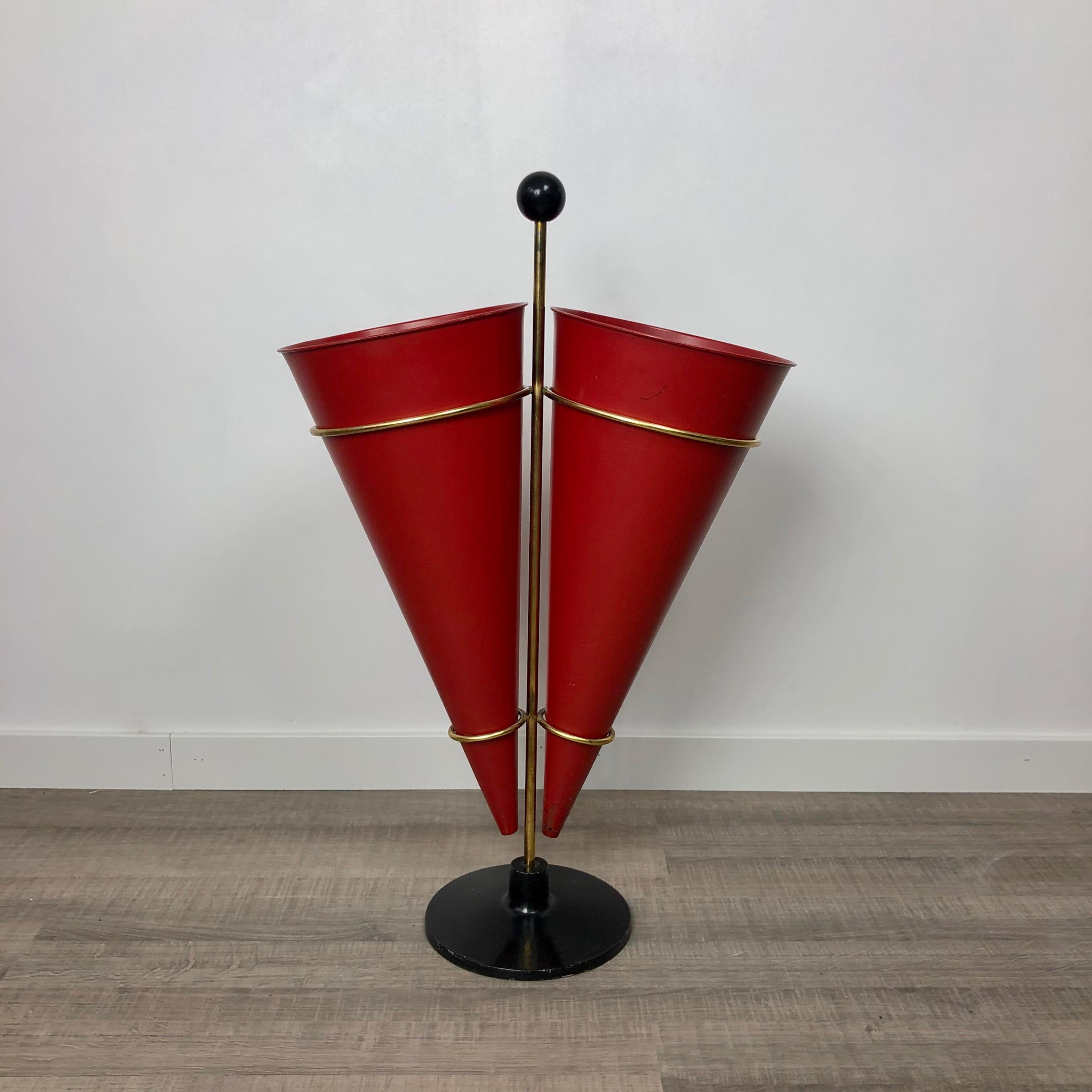 Mid-Century Modern Red Cones Umbrella Stand Racket by Vitra in Metal and Brass, Italy, 1970s For Sale