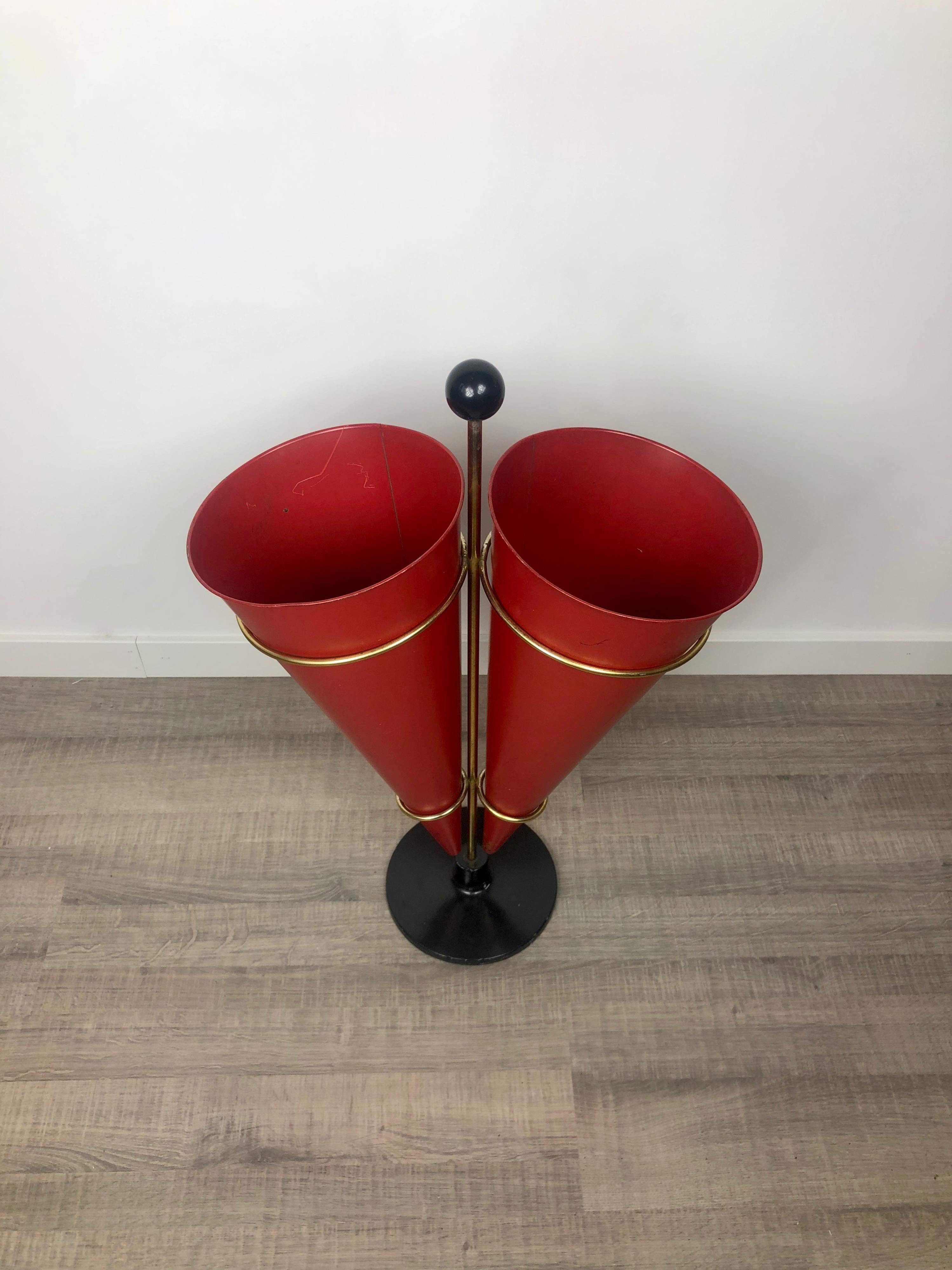 Italian Red Cones Umbrella Stand Racket by Vitra in Metal and Brass, Italy, 1970s For Sale
