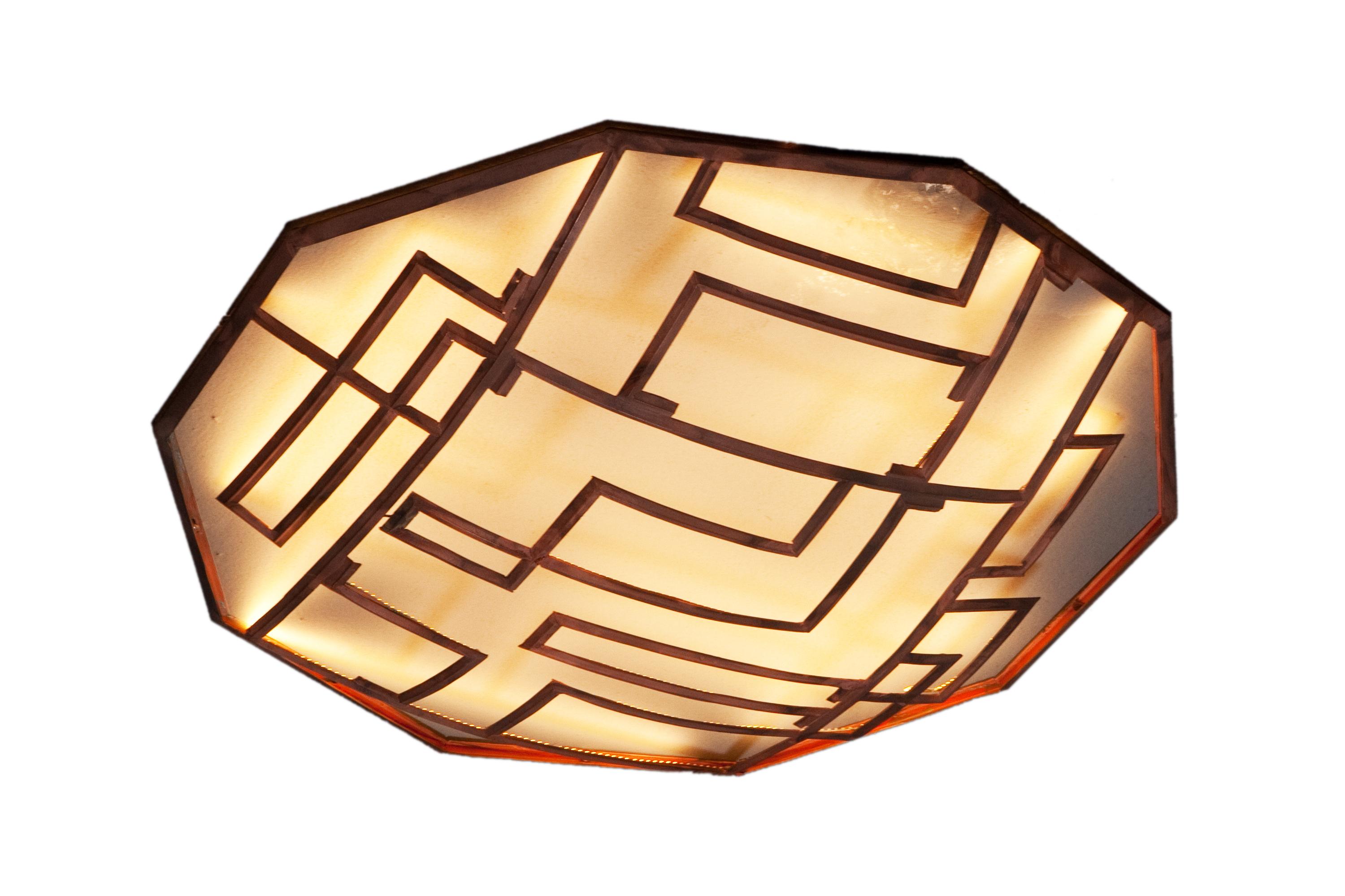 Pendant or wall fixture made of red copper profiles of 9 mm with ledstrips. Driver on distance.