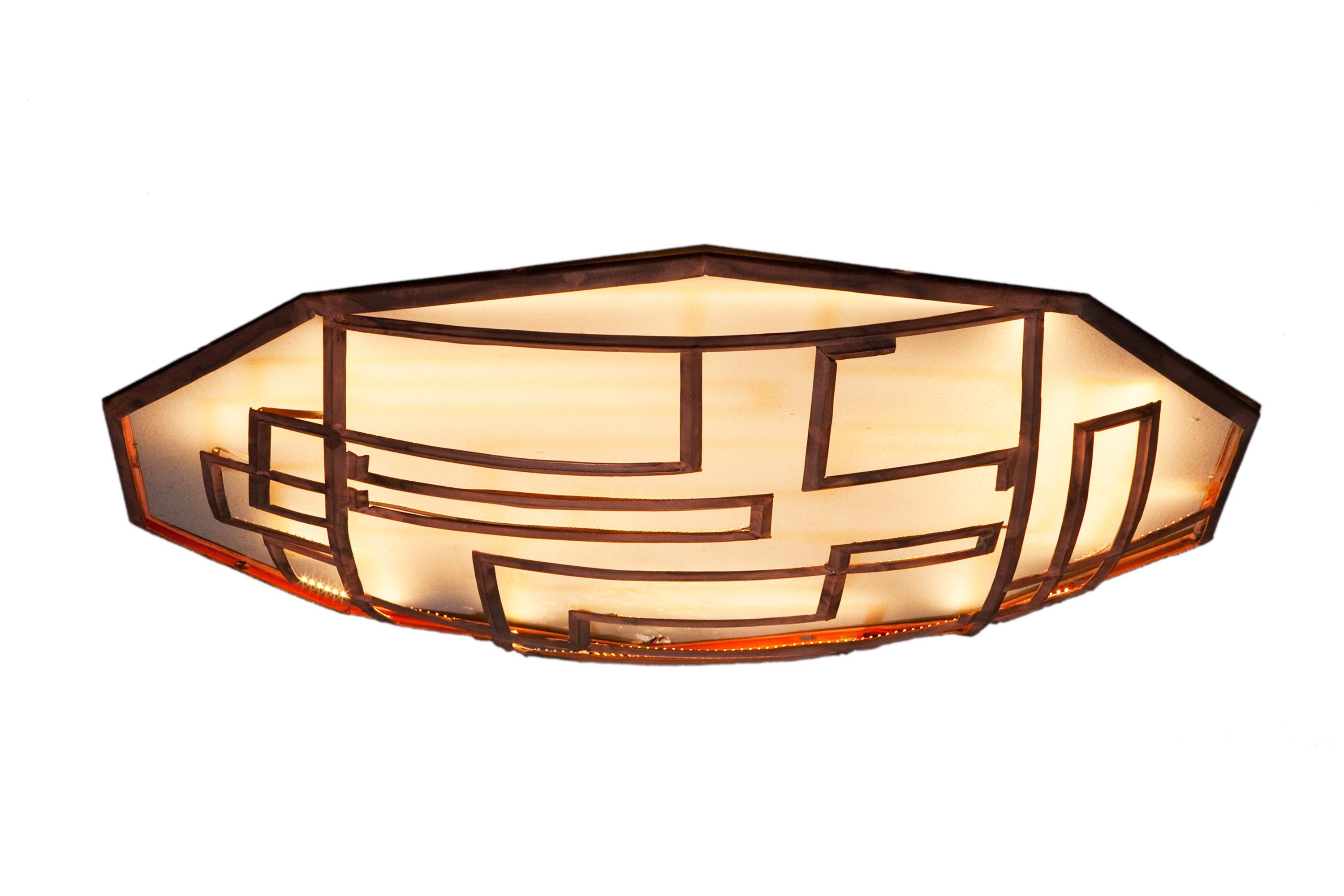 Moderne Pendentif polygone en cuivre rouge à lumière led 21e siècle en vente