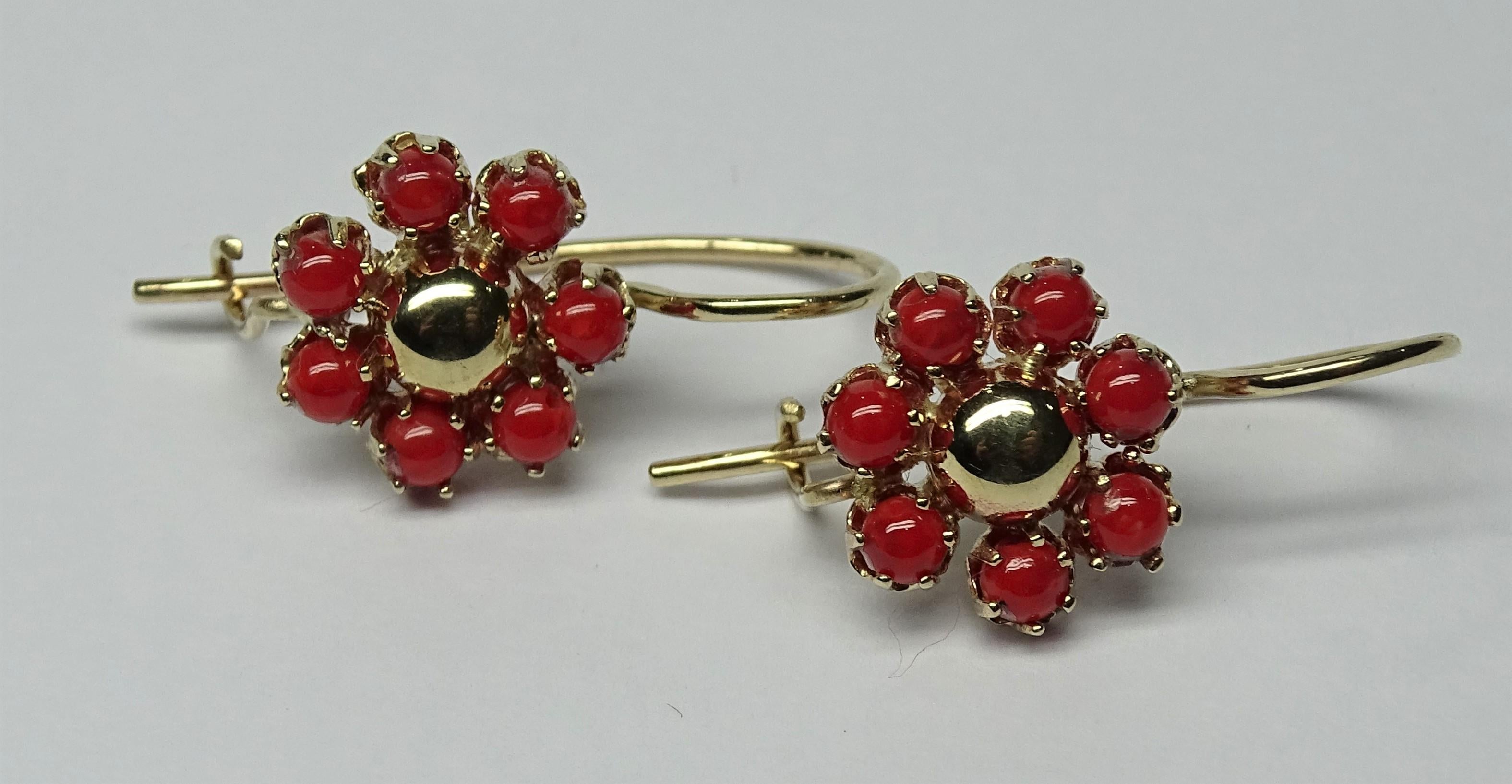 Art Nouveau Red Coral 14 Karat Yellow Earrings For Sale
