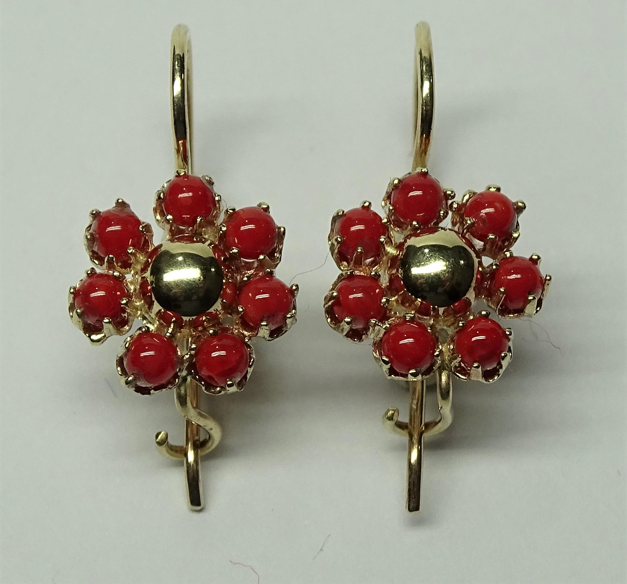 Uncut Red Coral 14 Karat Yellow Earrings For Sale