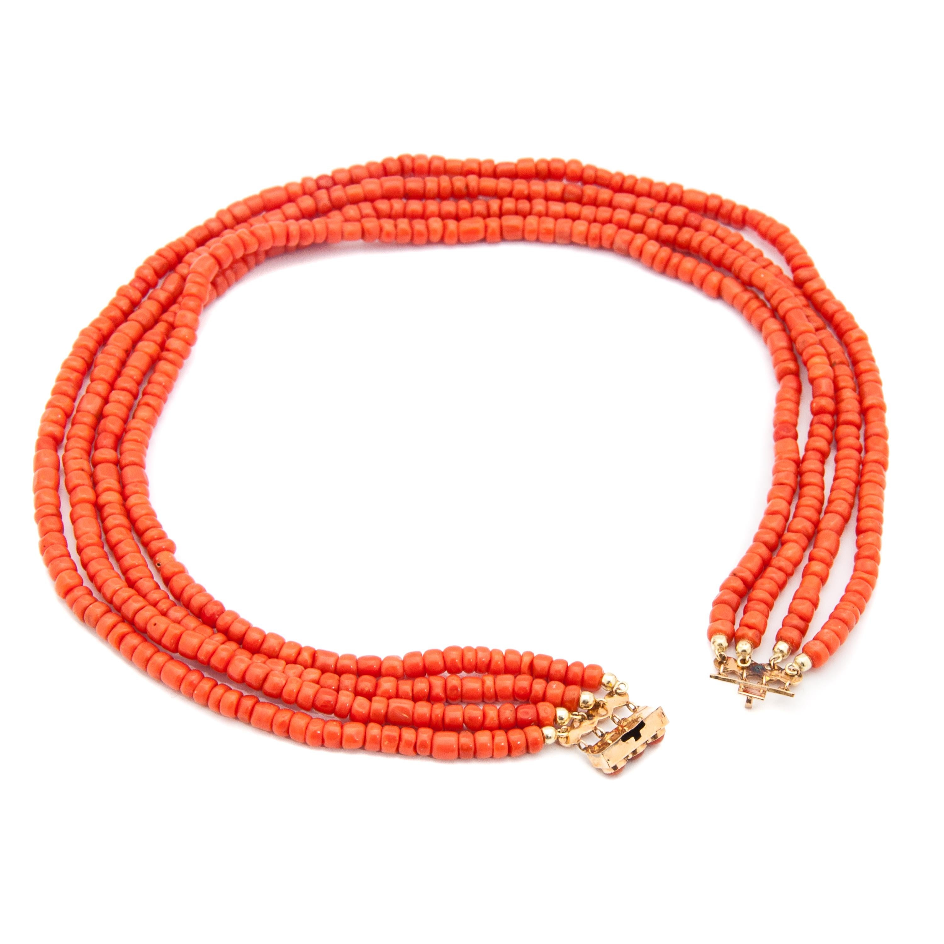 Mid-Century 14 karat Gold Coral Four-Strand Beaded Necklace For Sale 3