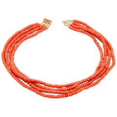 Retro Mid-Century 14 karat Gold Coral Four-Strand Beaded Necklace