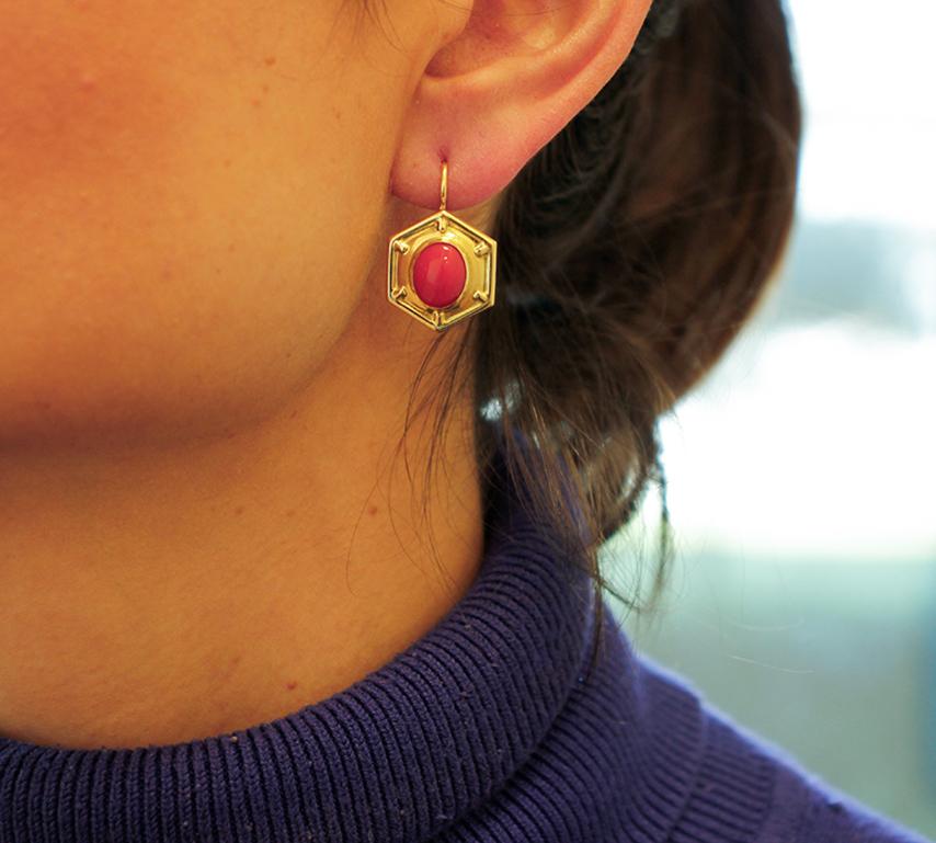 Women's Red Coral, 18 Karat Yellow Earrings