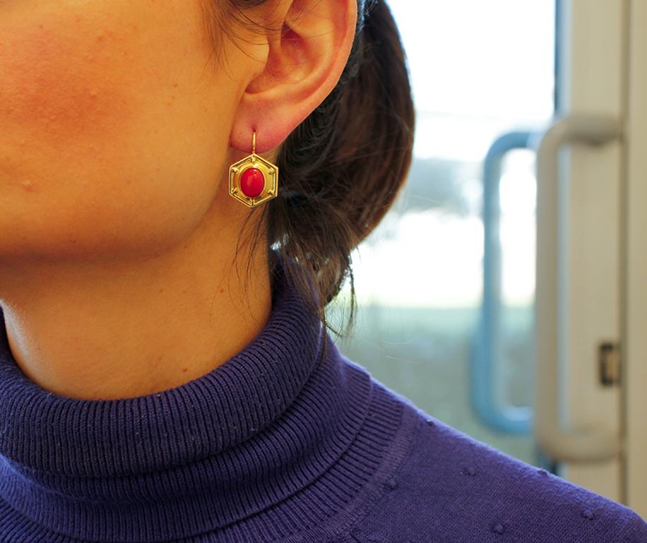 Red Coral, 18 Karat Yellow Earrings 1