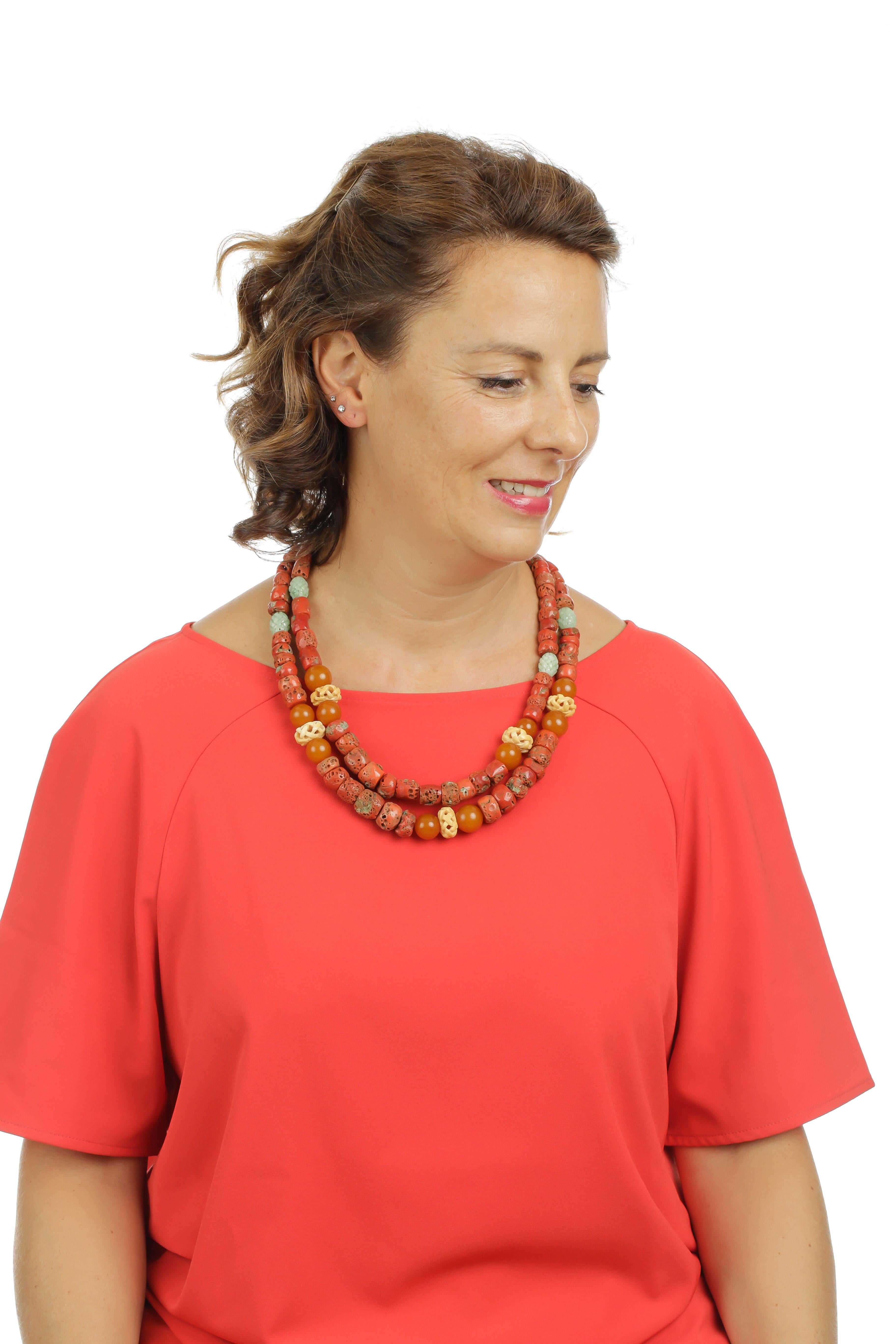 Women's or Men's Red Coral Amber Jade 18 Karat Gold Necklace For Sale