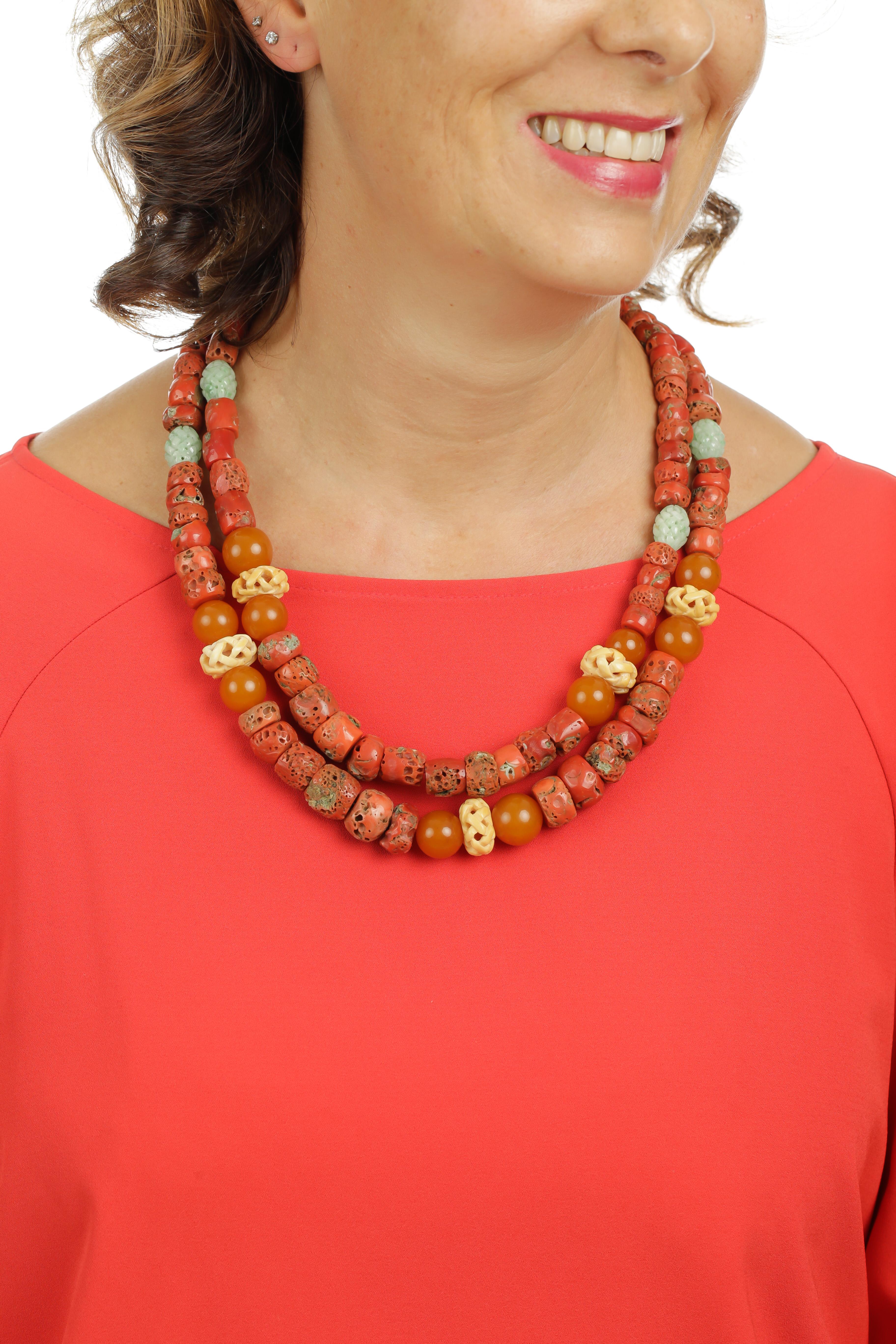 Red Coral Amber Jade 18 Karat Gold Necklace For Sale 1