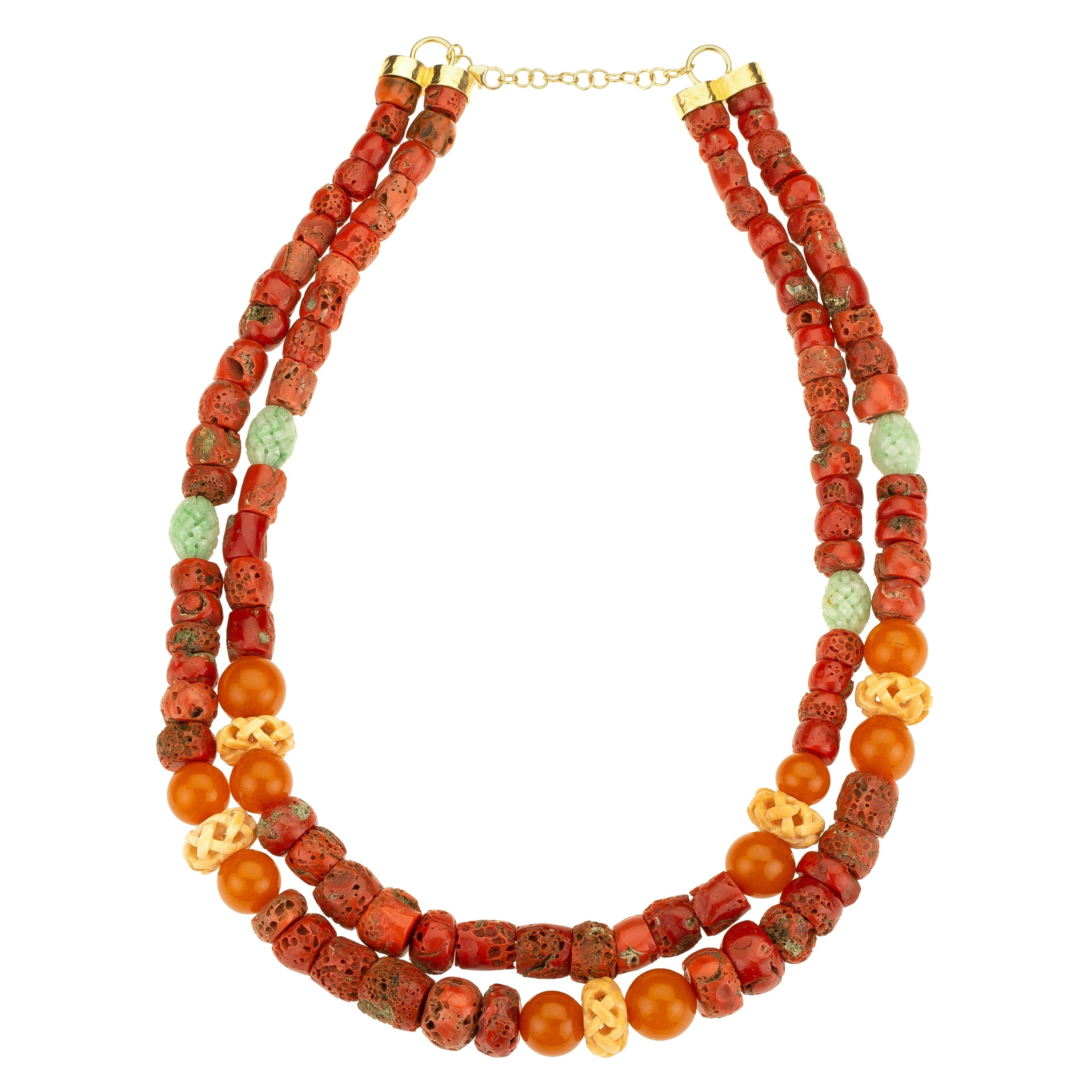 Red Coral Amber Jade 18 Karat Gold Necklace