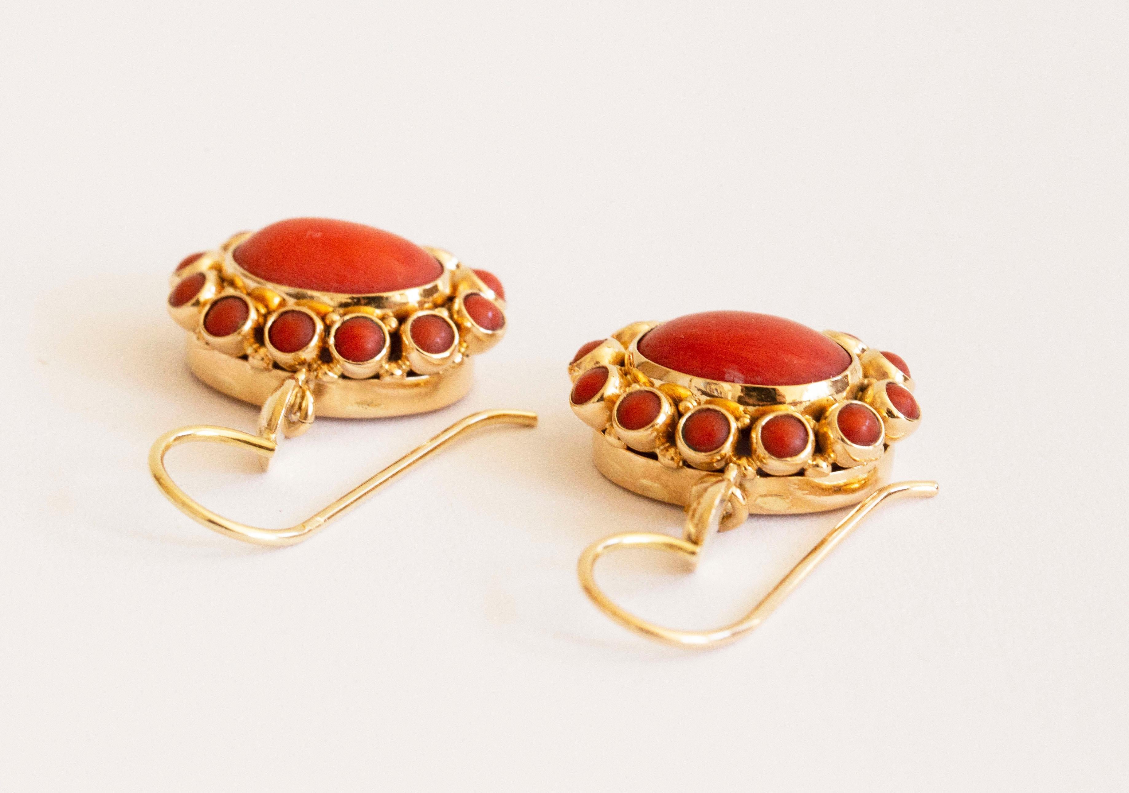 Cabochon Red Coral and 14 Karat Gold Vintage Dutch Pendant Earrings For Sale