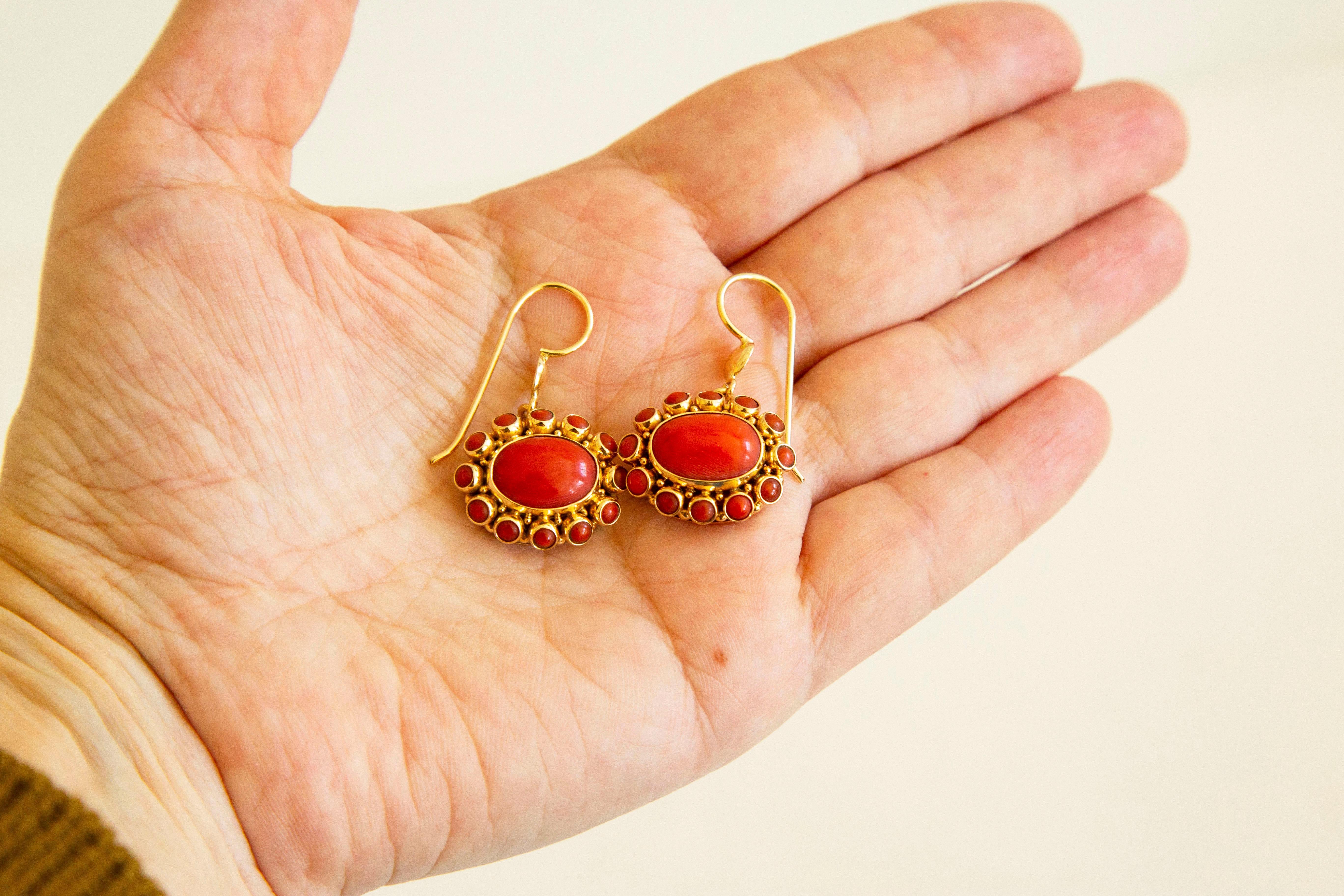 Women's or Men's Red Coral and 14 Karat Gold Vintage Dutch Pendant Earrings For Sale