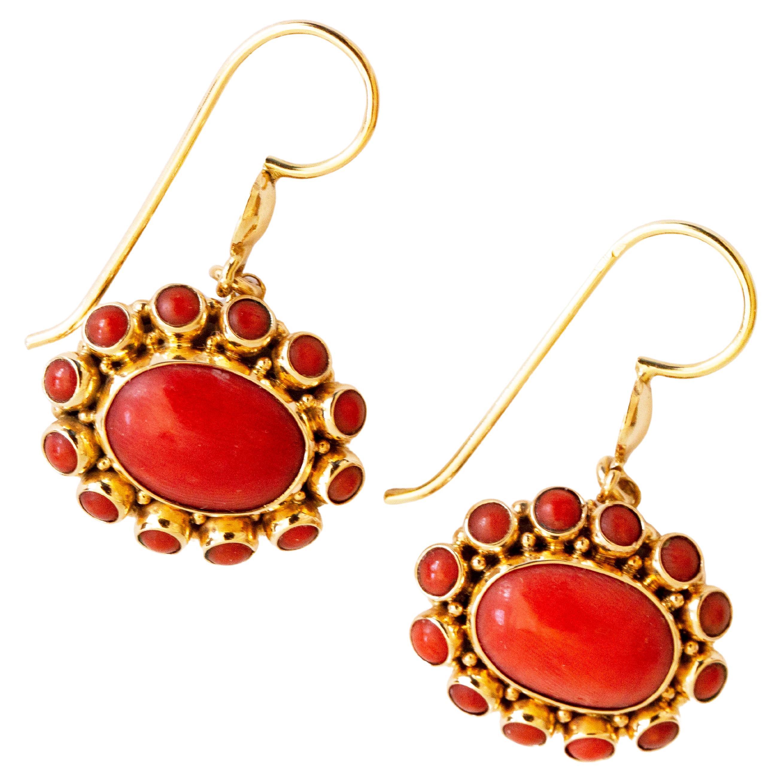 Red Coral and 14 Karat Gold Vintage Dutch Pendant Earrings For Sale