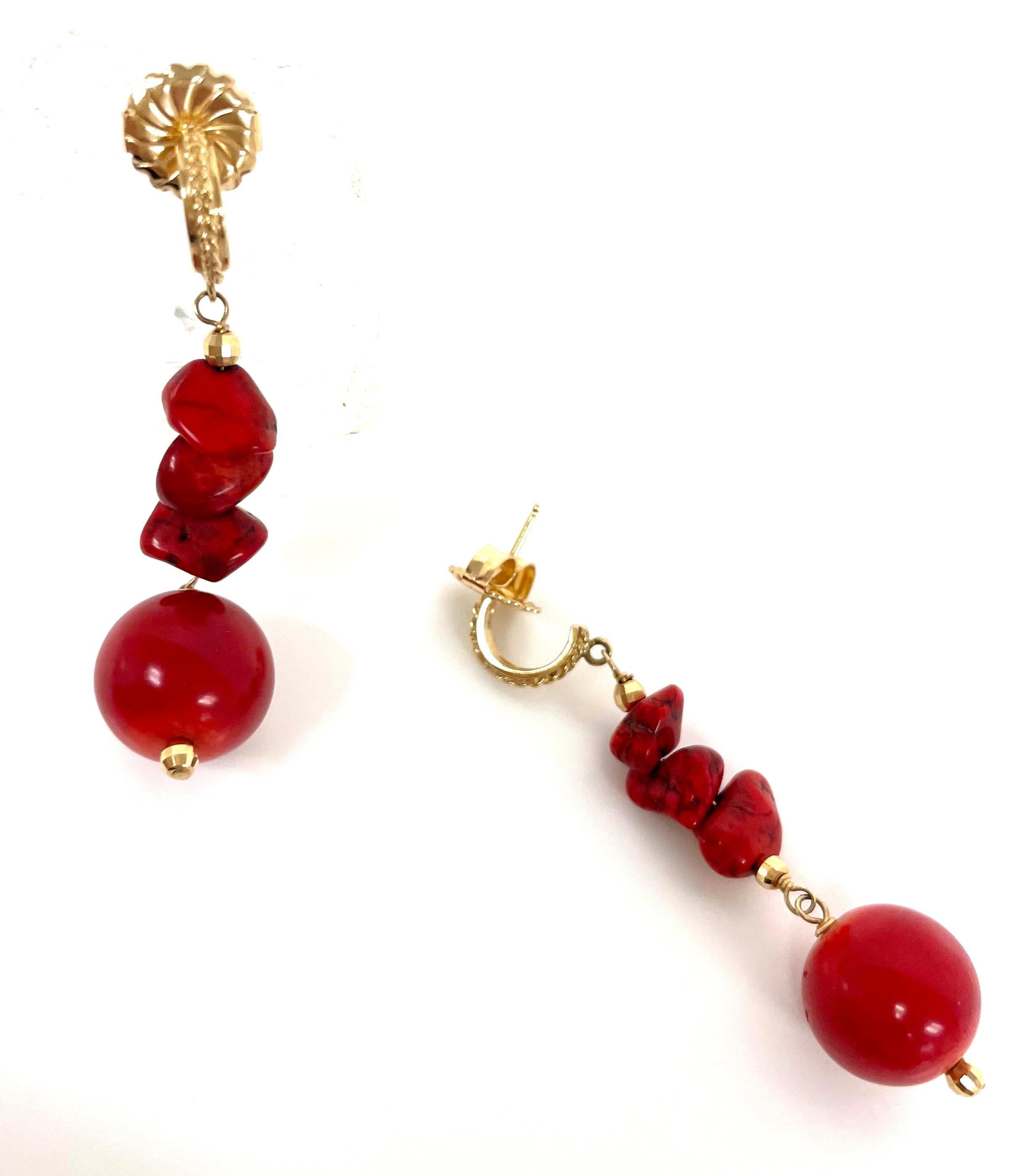 Artisan Red Coral and 14k Gold Earrings For Sale