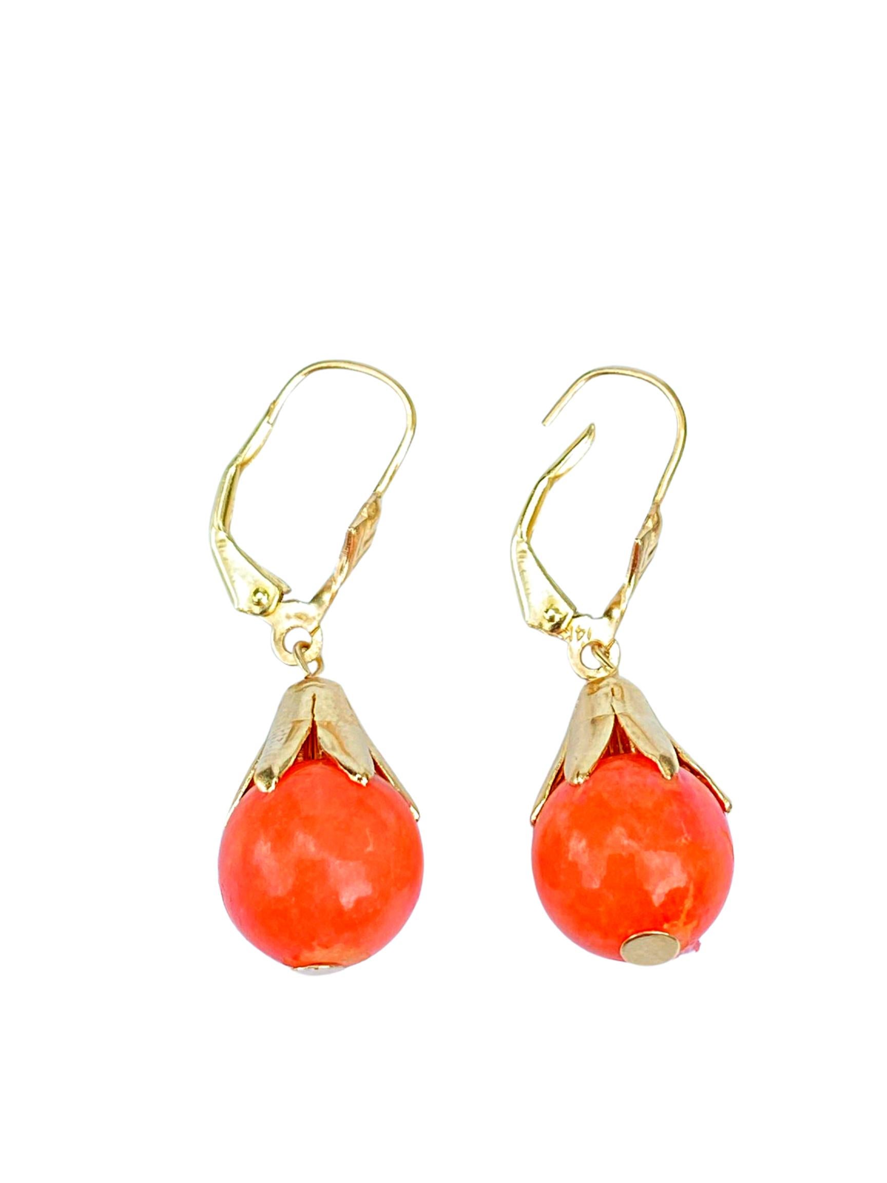 Retro Red Coral and 14K Yellow Gold Drop Earrings