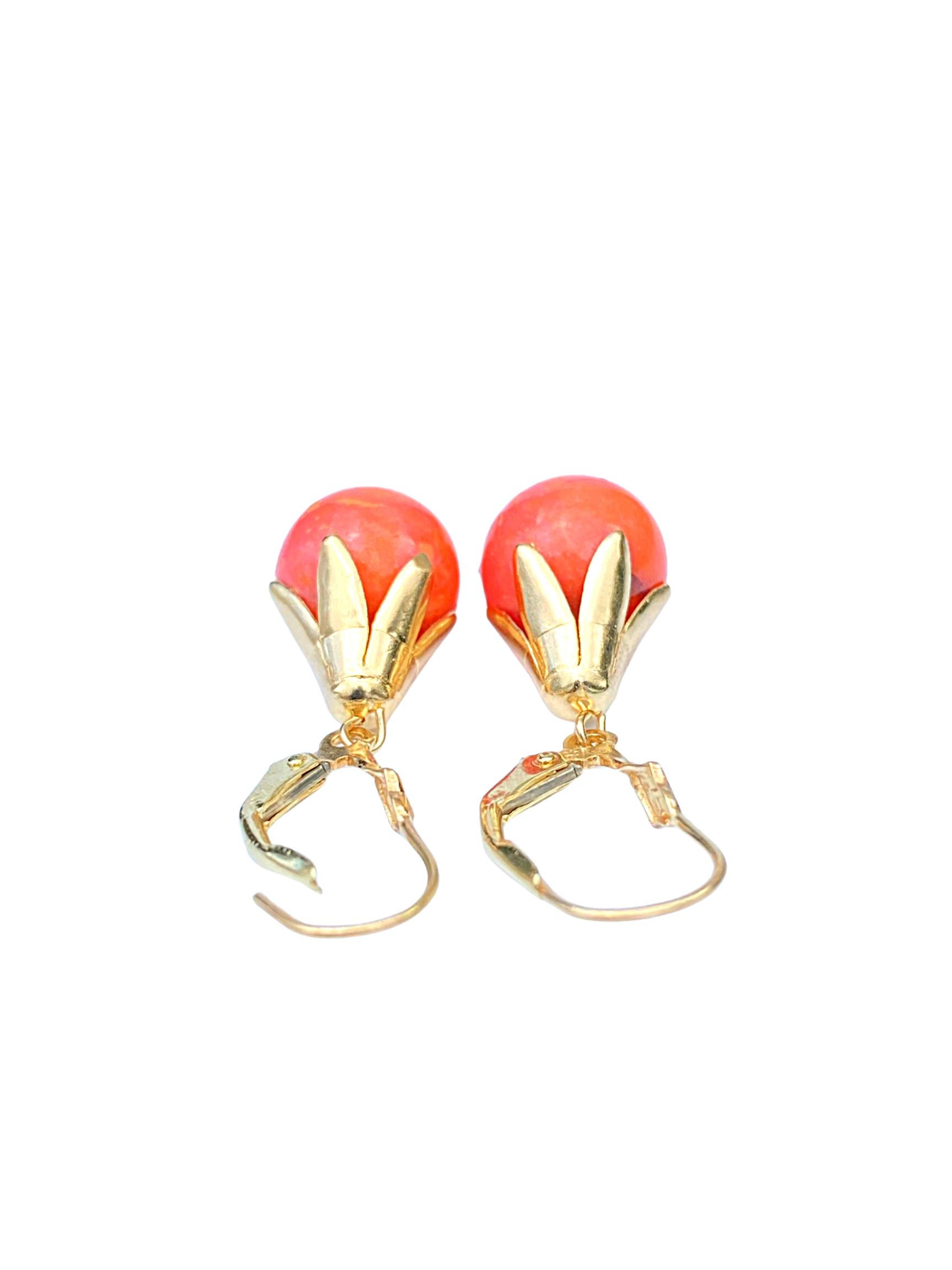 Oval Cut Red Coral and 14K Yellow Gold Drop Earrings
