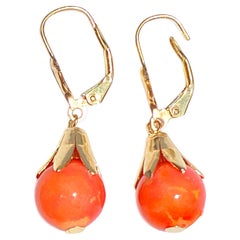 Red Coral and 14K Yellow Gold Drop Earrings