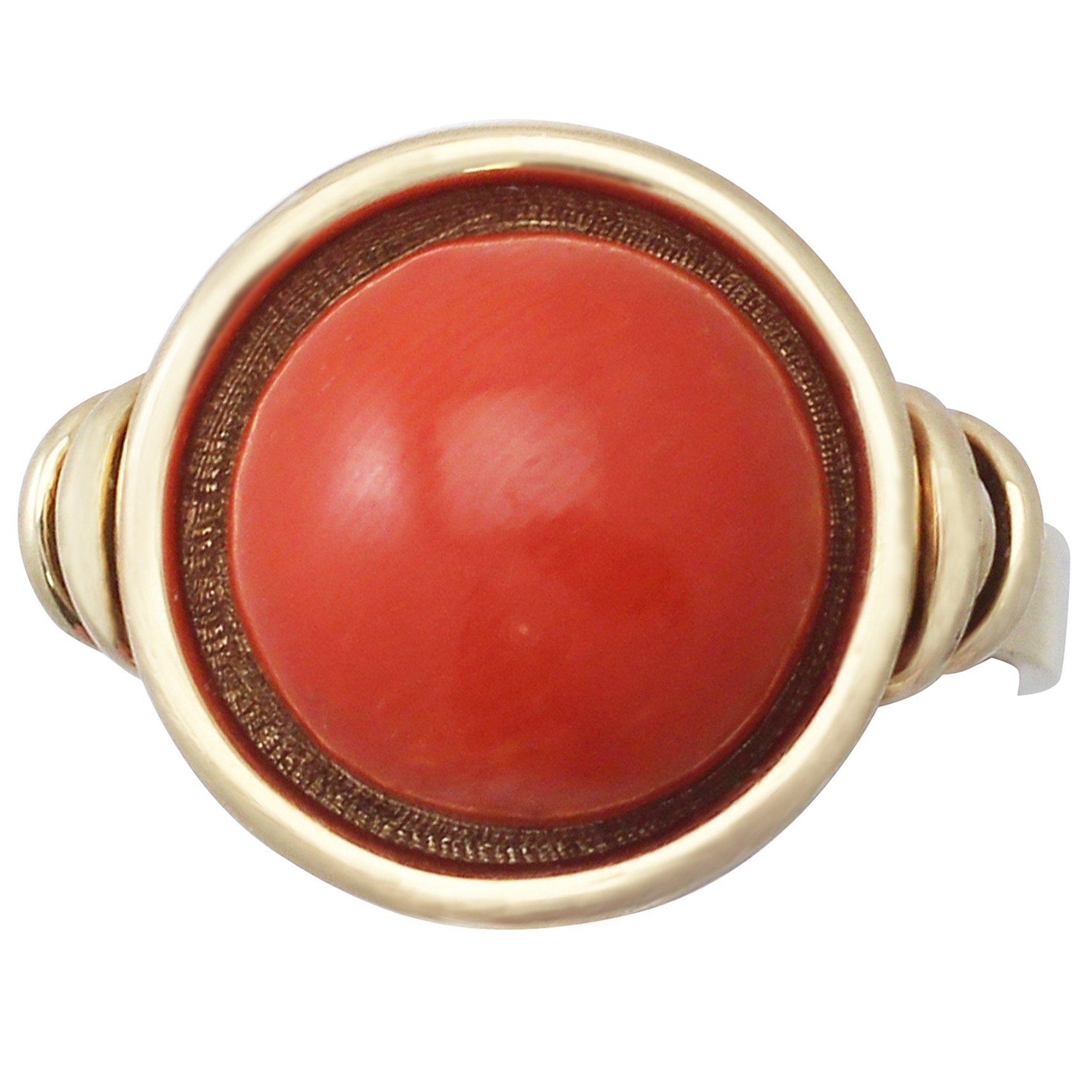 Red Coral and 14k Yellow Gold Ring - Art Deco Style - Vintage Circa 1940