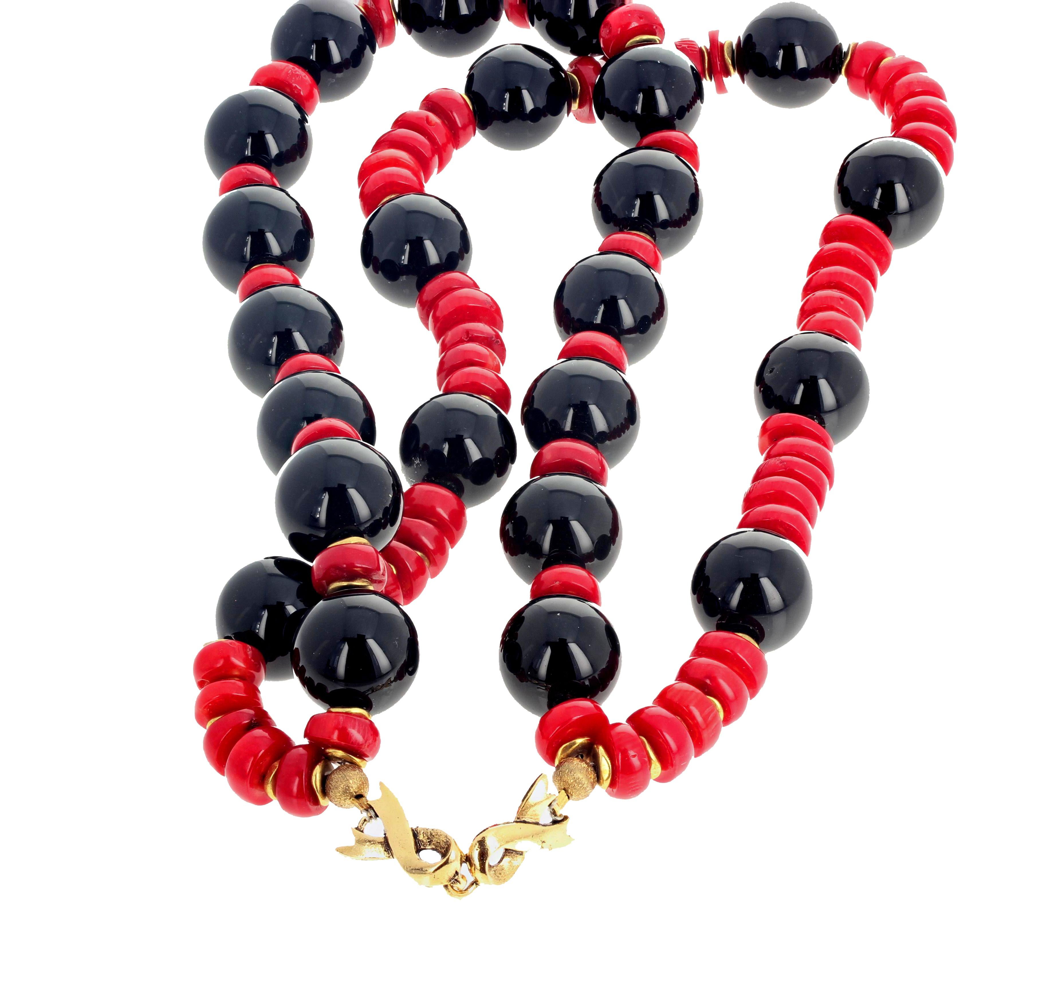 Mixed Cut AJD Elegantly Dramatic Red Coral & Black Onyx Double Strand 17