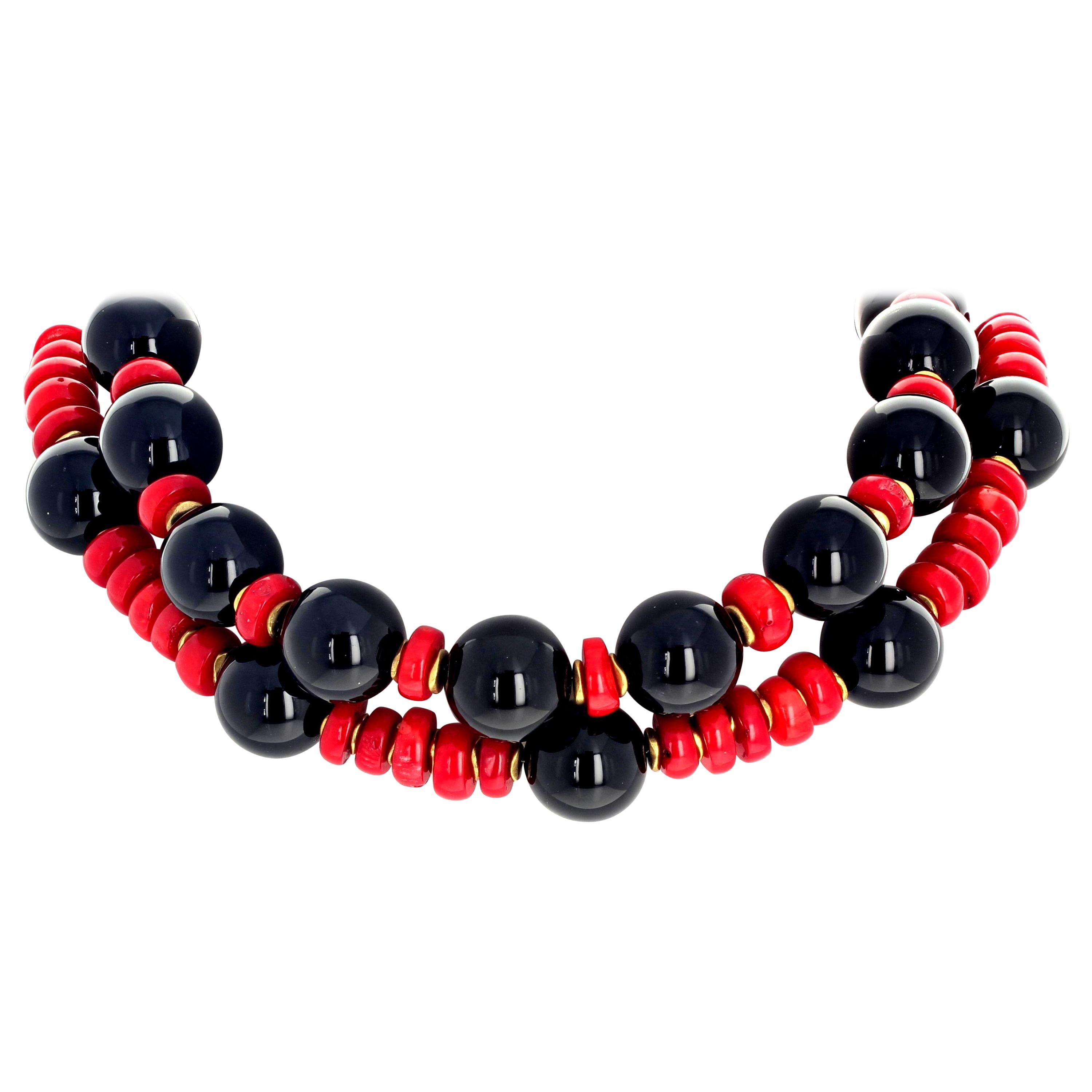 AJD Elegantly Dramatic Red Coral & Black Onyx Double Strand 17" Necklace For Sale