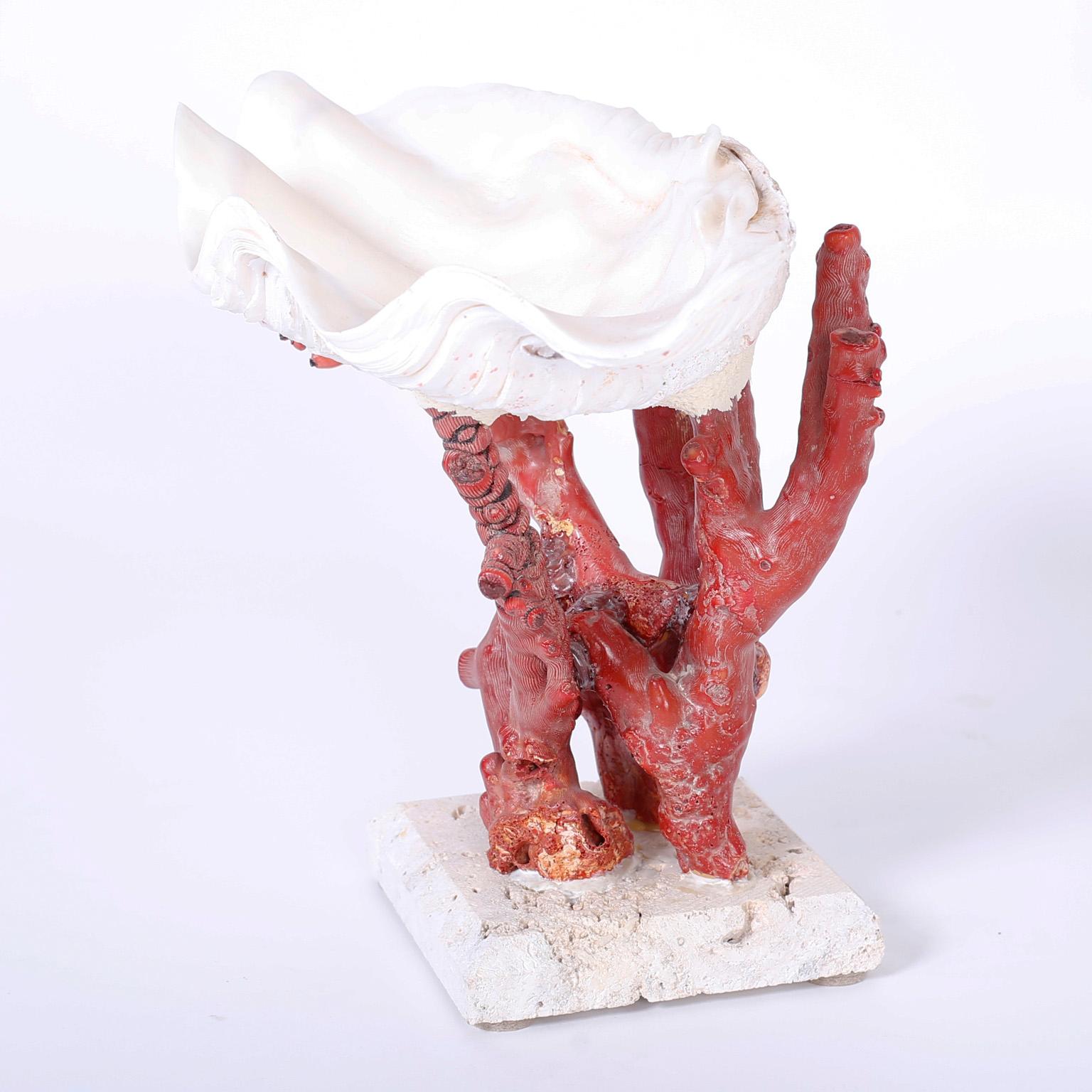 Hand-Crafted Red Coral and Clamshell Compote