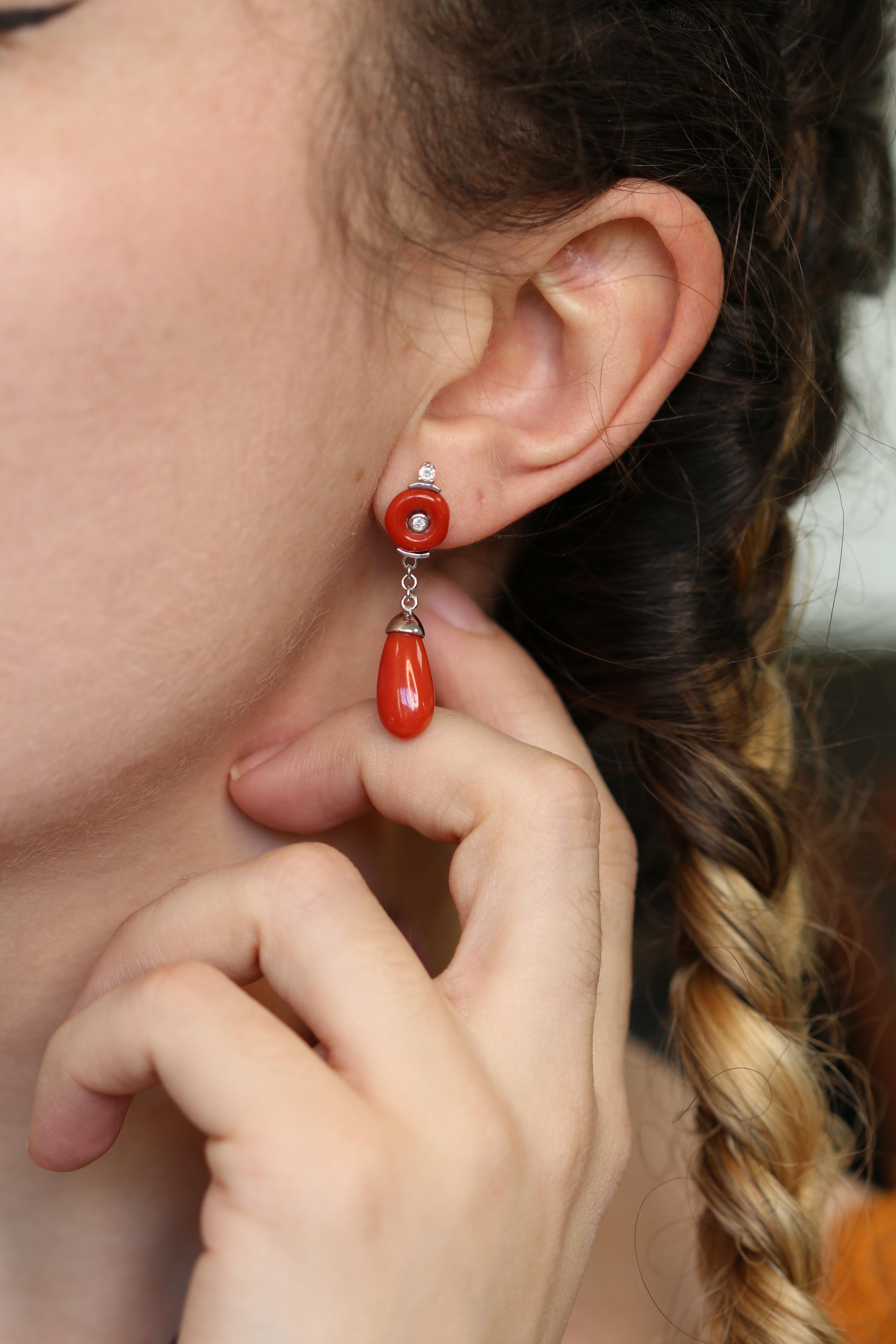 Red Coral and Diamond 18 Karat White Gold Earrings 6