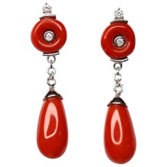 Red Coral and Diamond 18 Karat White Gold Earrings Red Coral and Diamond 18 Karat White Gold Earrings
