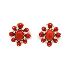 Red Coral and Diamond Cluster Gold Clip Earrings Estate Fine Jewelry
