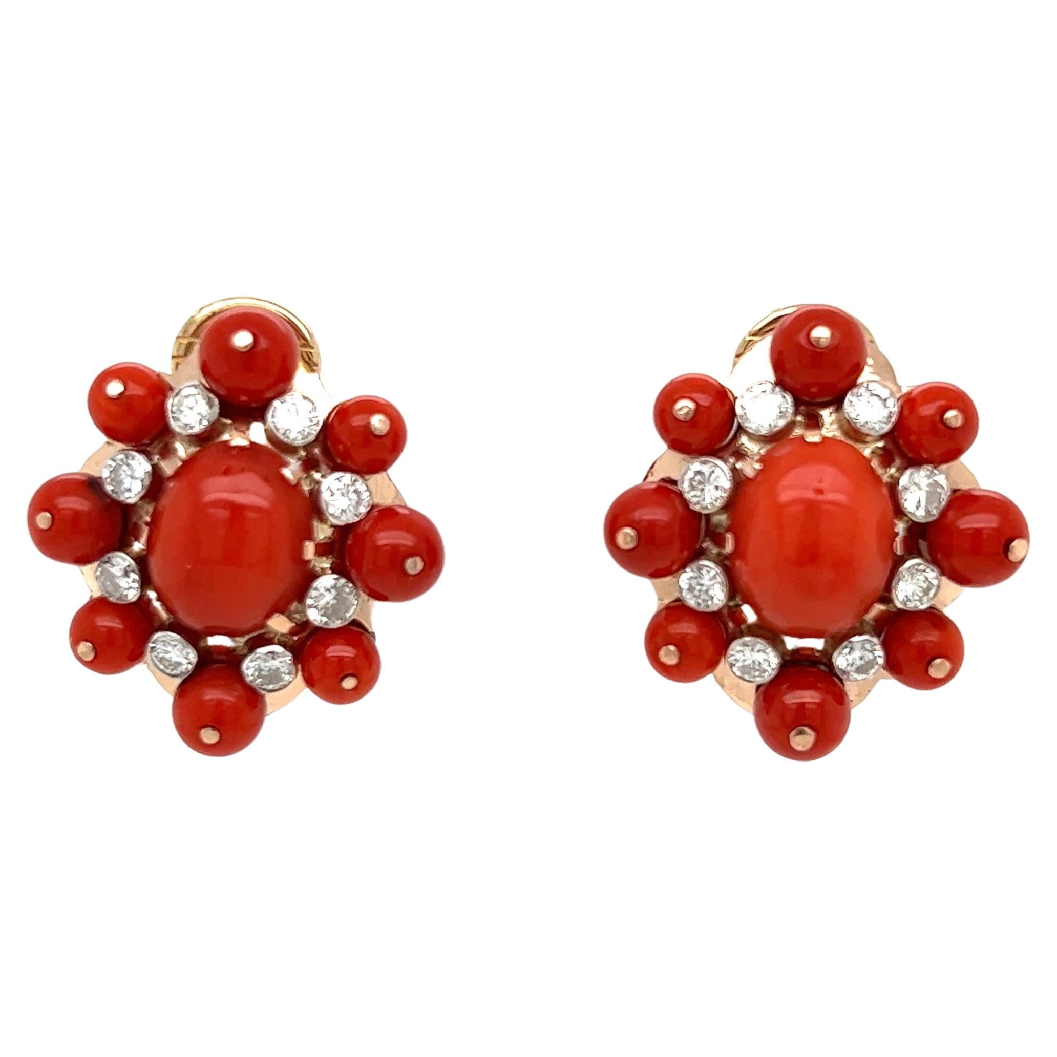 Red Coral and Diamond Cluster Gold Clip Earrings Estate Fine Jewelry