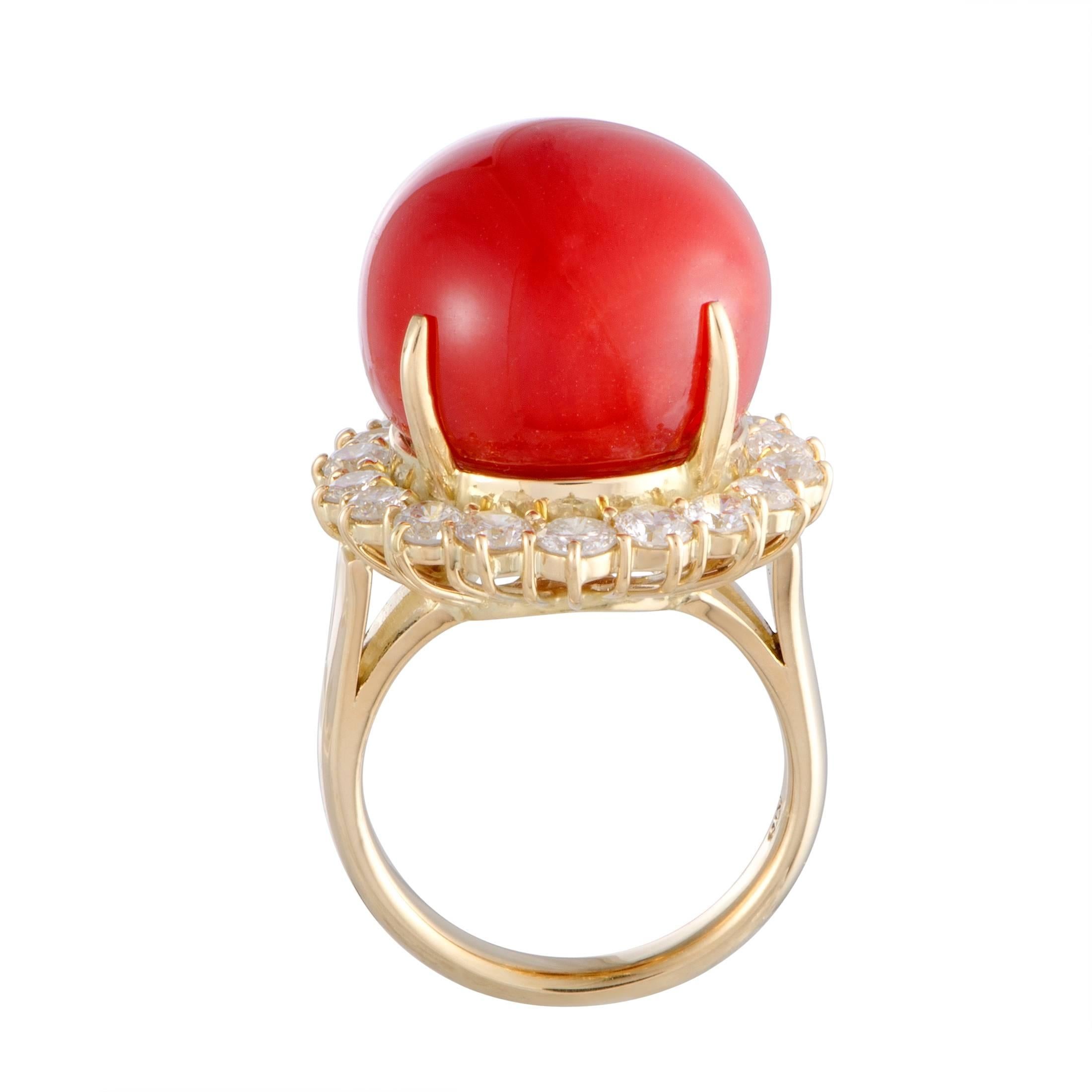 The captivating red coral and the endearingly gleaming 18K yellow gold complement one another magnificently in this superb ring that also boasts 1.85 carats of exquisitely cut diamond stones.
Ring Top Dimensions: 20mm x 20mm
Band: 3mm
Top: 20mm
Ring