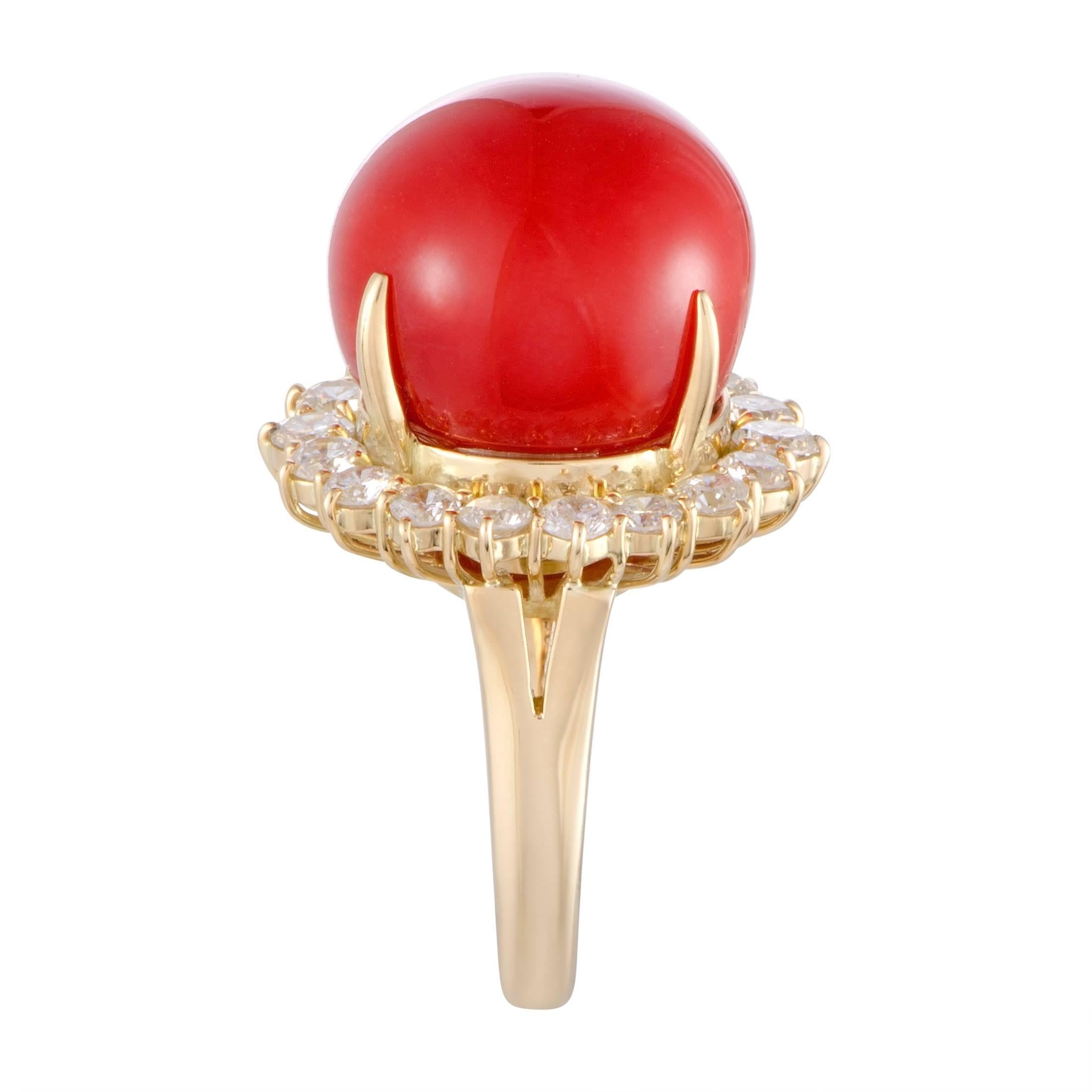 Round Cut Red Coral and Diamond Gold Cocktail Ring