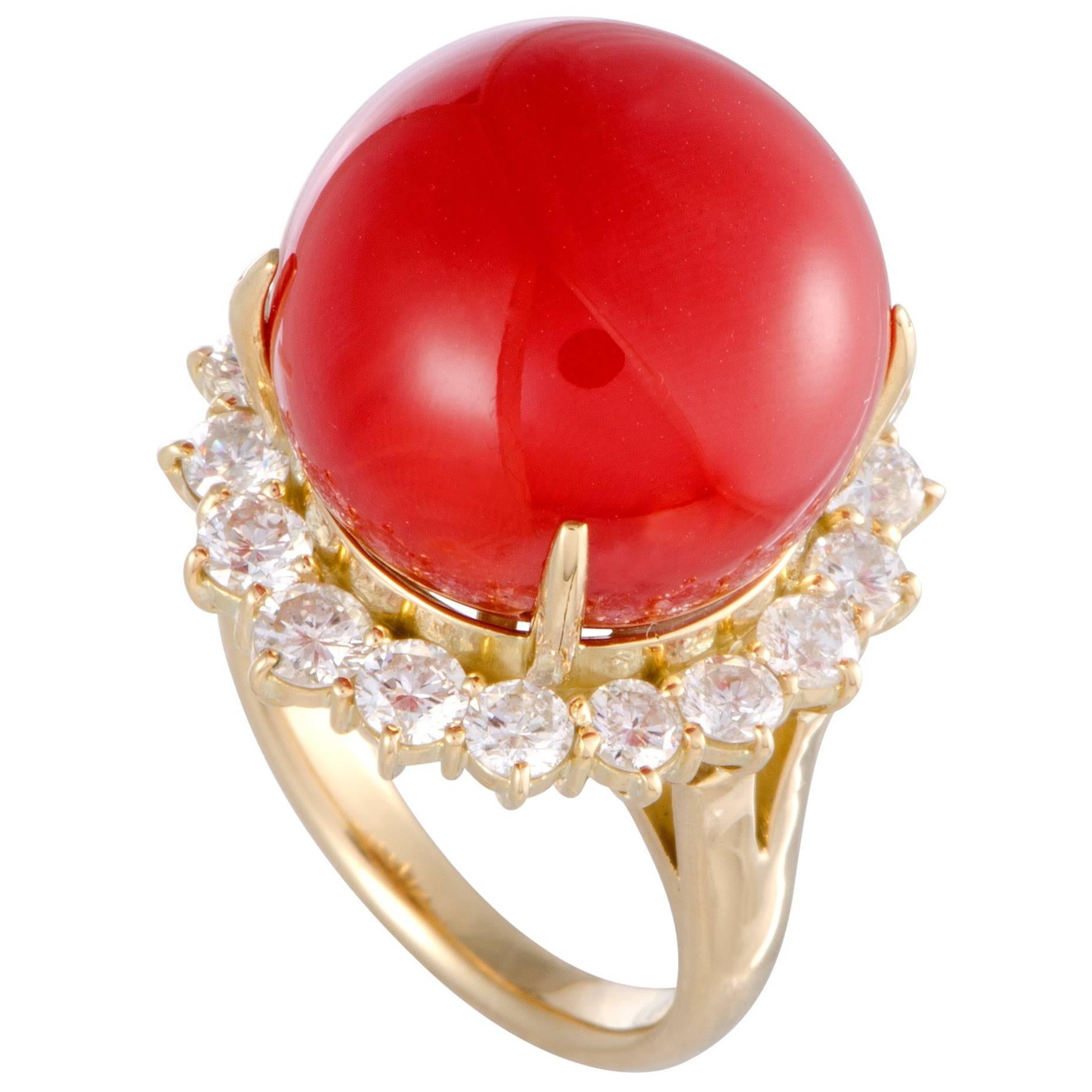 Red Coral and Diamond Gold Cocktail Ring