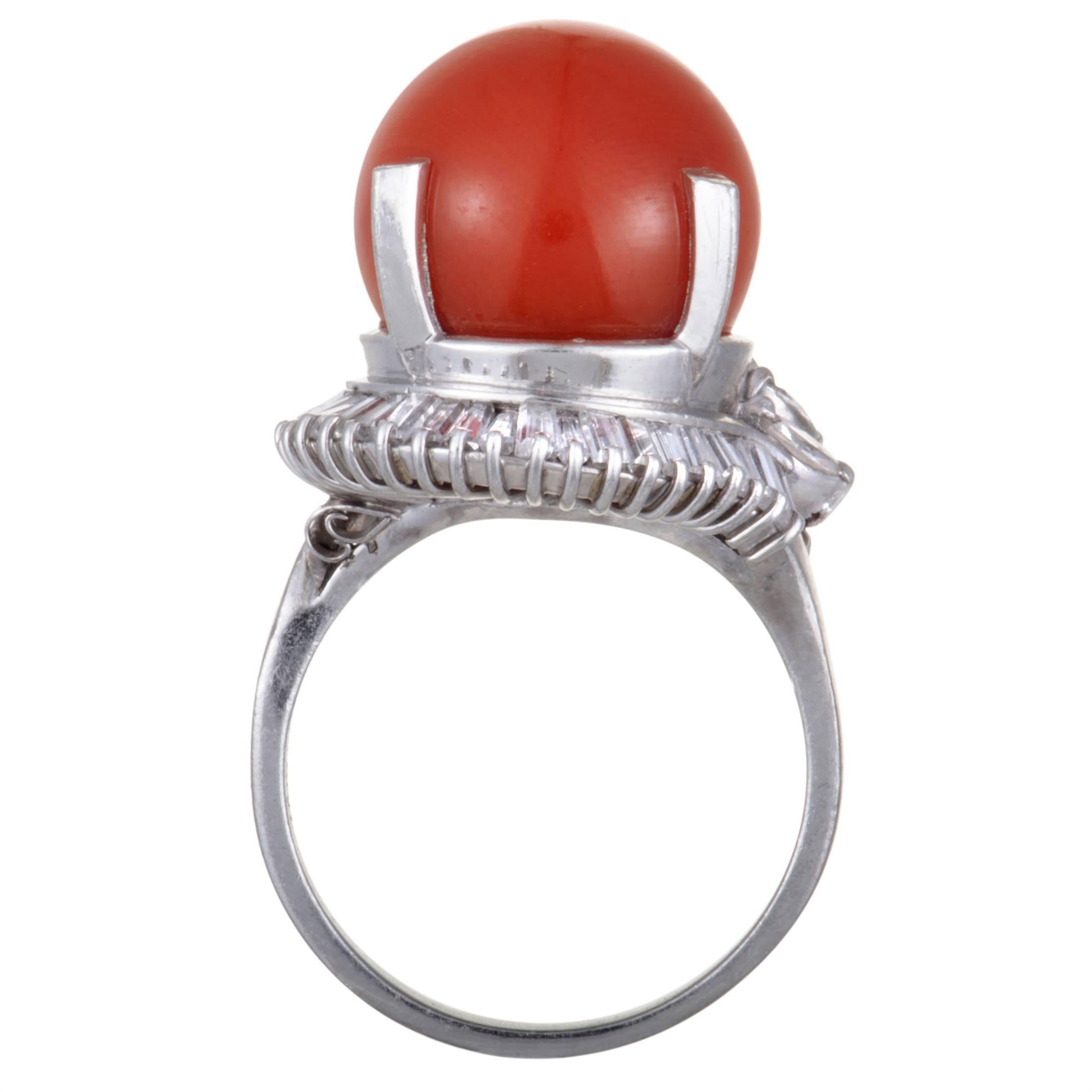 The diversely cut diamonds accentuate in a splendidly luxurious manner the red coral in this superb ring. The ring is beautifully crafted from prestigious platinum and boasts a total of 1.23 carats of diamonds.
Ring Top Dimensions: 20mm x 18mm
Band: