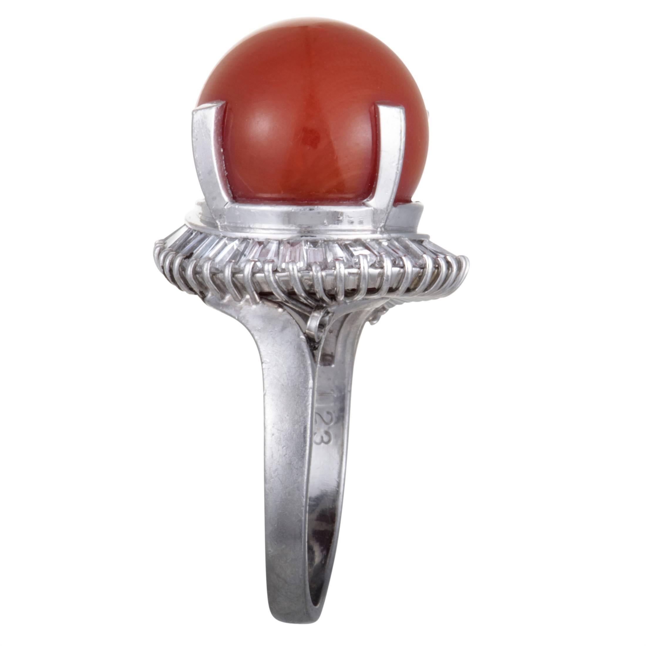 Round Cut Red Coral and Diamond Platinum Cocktail Ring