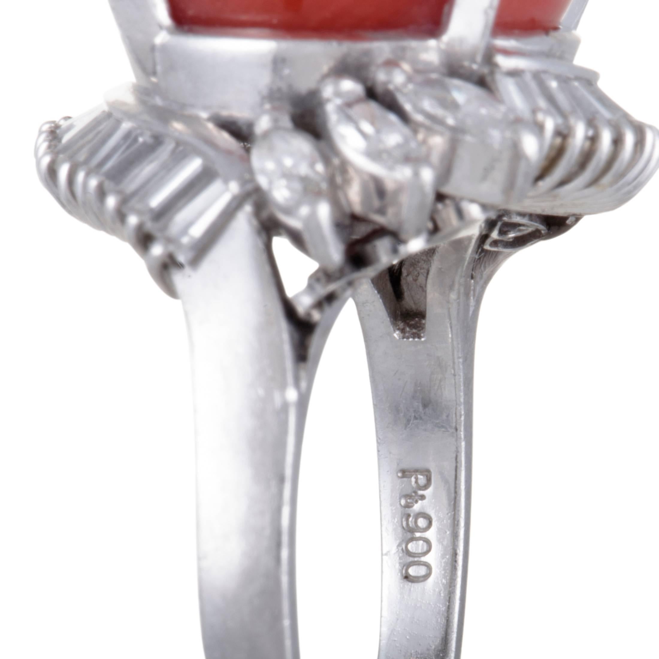 Women's Red Coral and Diamond Platinum Cocktail Ring