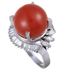 Red Coral and Diamond Platinum Cocktail Ring