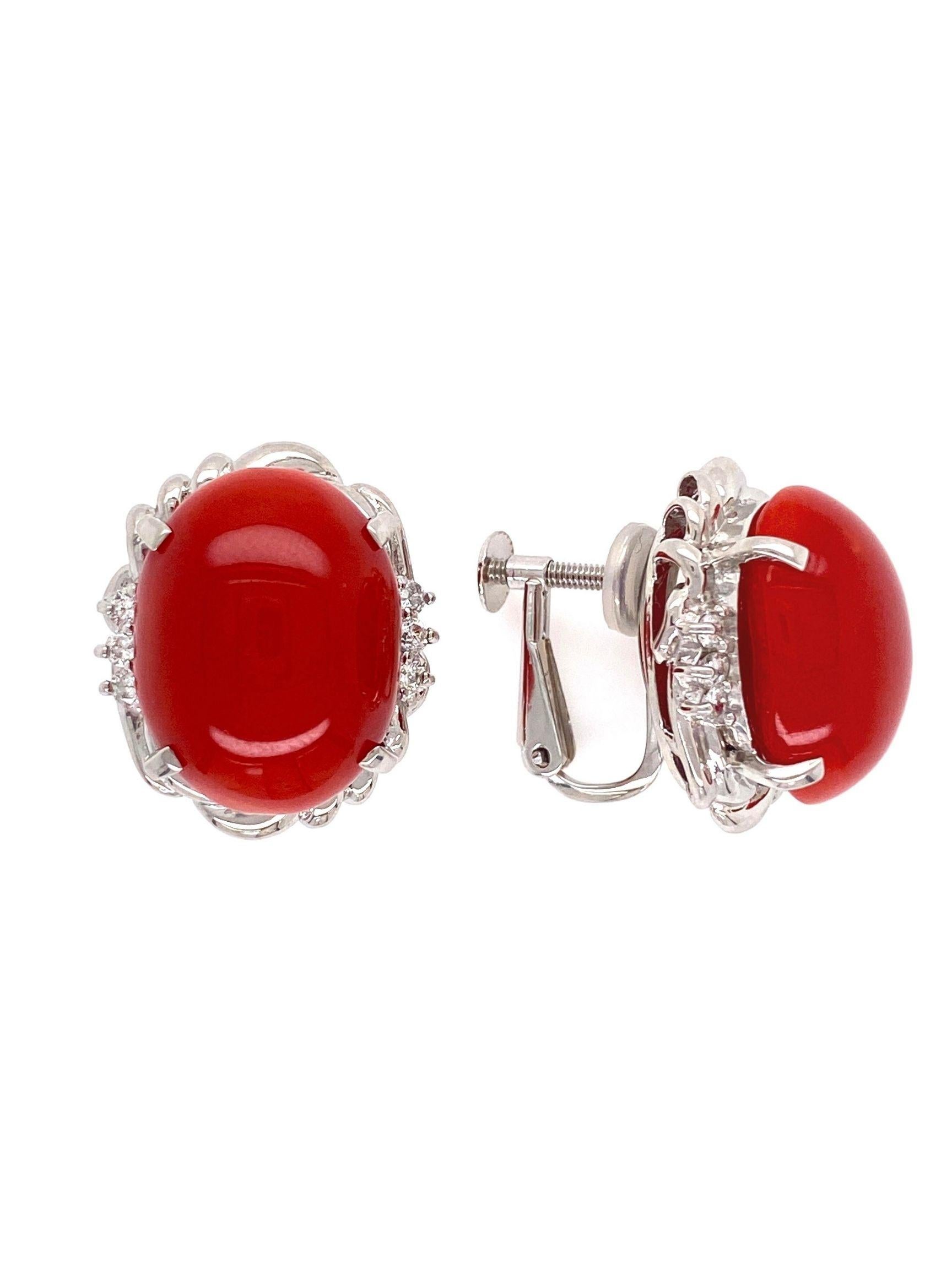 Mixed Cut Red Coral and Diamond Platinum Retro Style Clip Earrings Fine Estate Jewelry