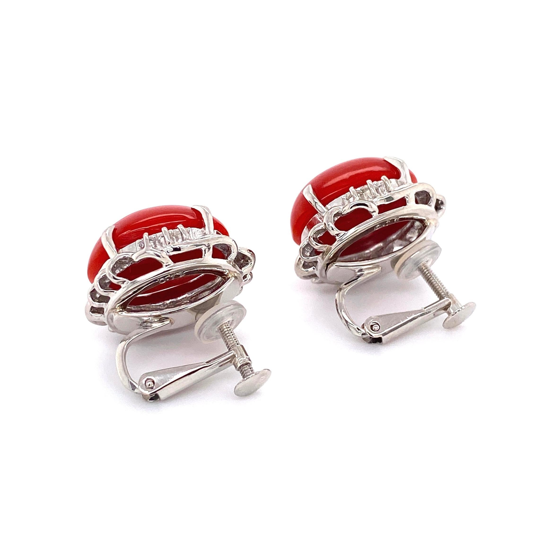 Women's Red Coral and Diamond Platinum Retro Style Clip Earrings Fine Estate Jewelry