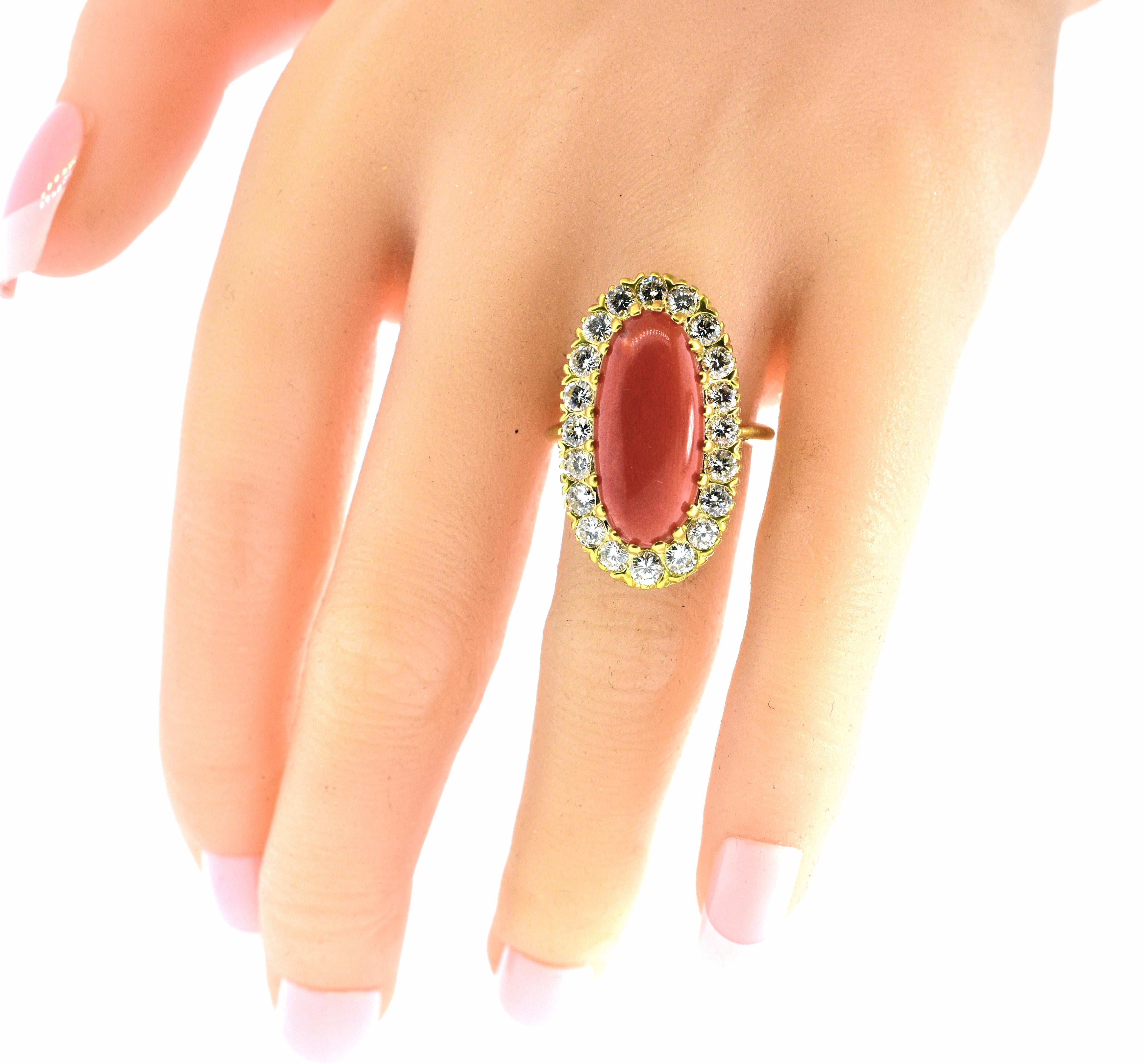 Brilliant Cut Red Coral and Diamond Ring, circa 1965 For Sale