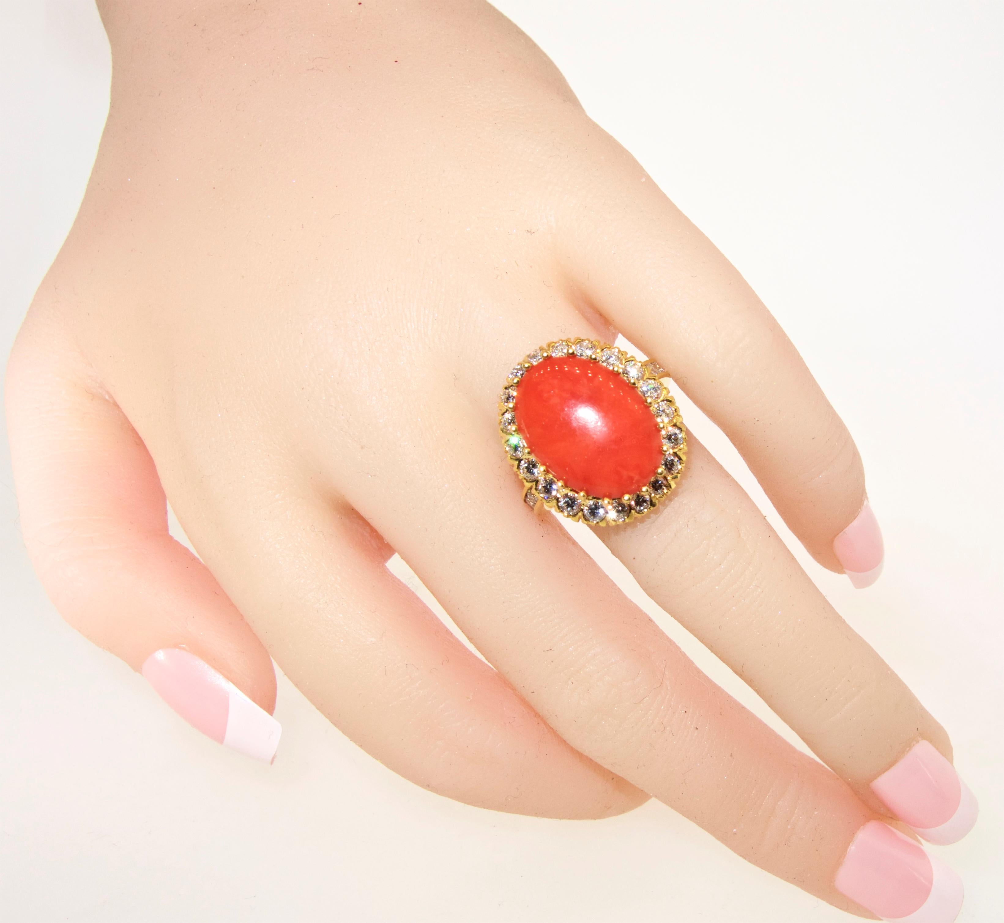 Women's or Men's Red Coral and Diamond Ring