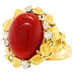 Red Coral and Diamond Sixties Ring