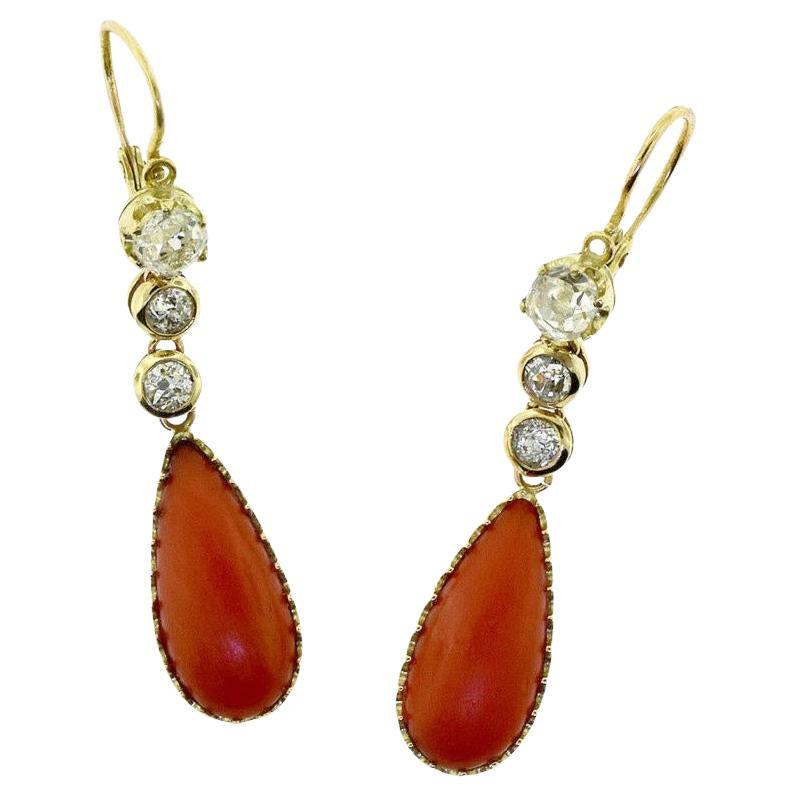 Red Coral and Old Mine Diamond Dangle Earrings in 18k Yellow Gold